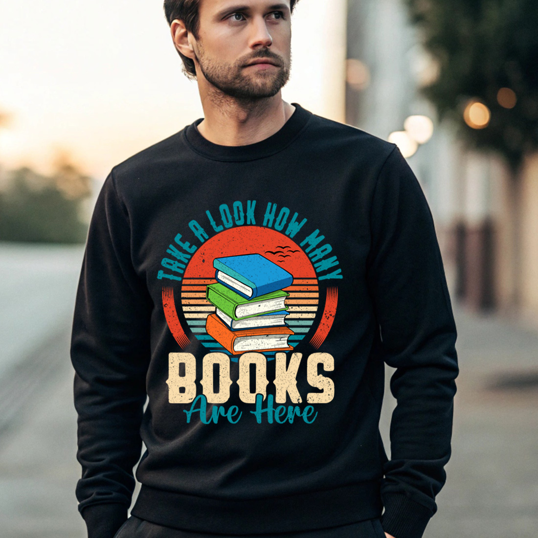 vintage book lover t shirt design with retro sunset and stacked books illustration 4 black male sweatshirt mock up 767