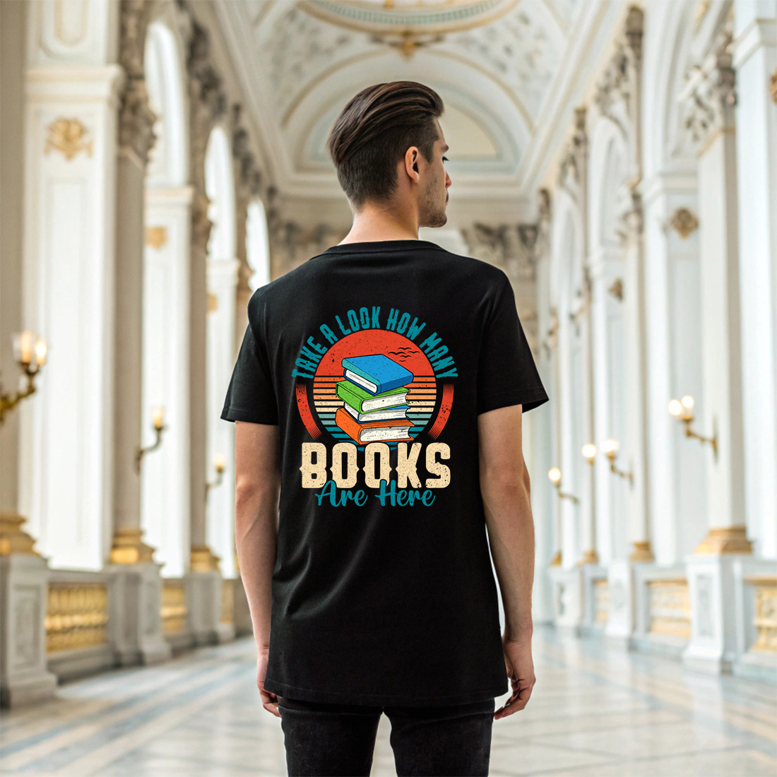 vintage book lover t shirt design with retro sunset and stacked books illustration 6 black t shirt mock up 701