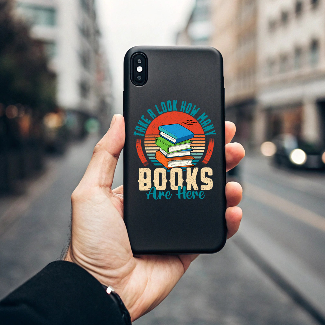 vintage book lover t shirt design with retro sunset and stacked books illustration 7 black phone case mock up 892