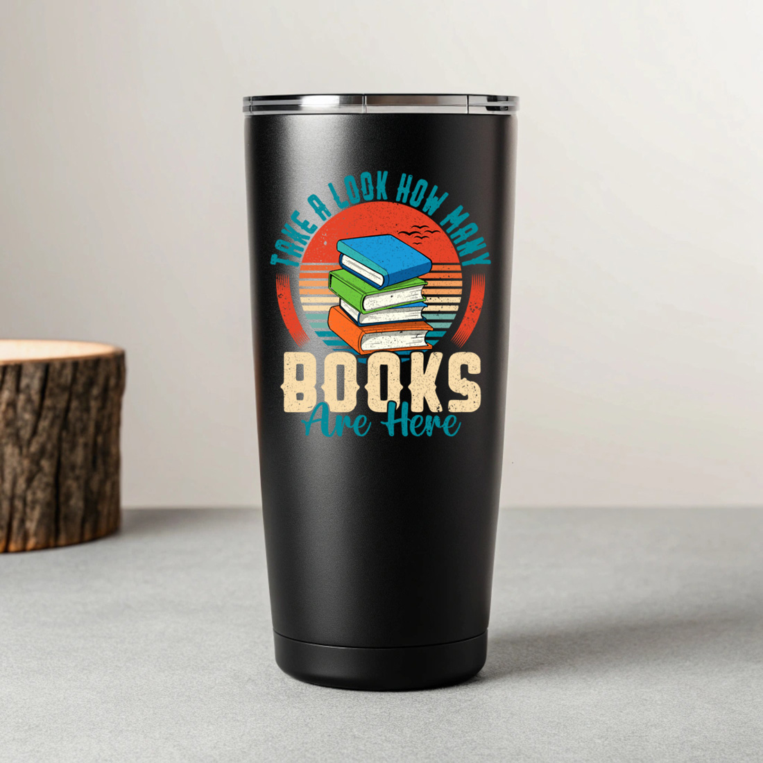 vintage book lover t shirt design with retro sunset and stacked books illustration 8 black tumblers mockup 935