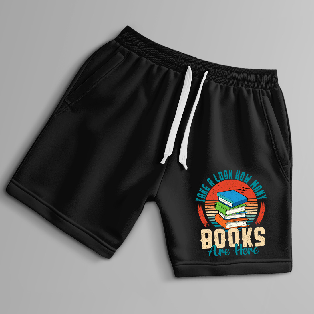 vintage book lover t shirt design with retro sunset and stacked books illustration 9 black shorts up 183