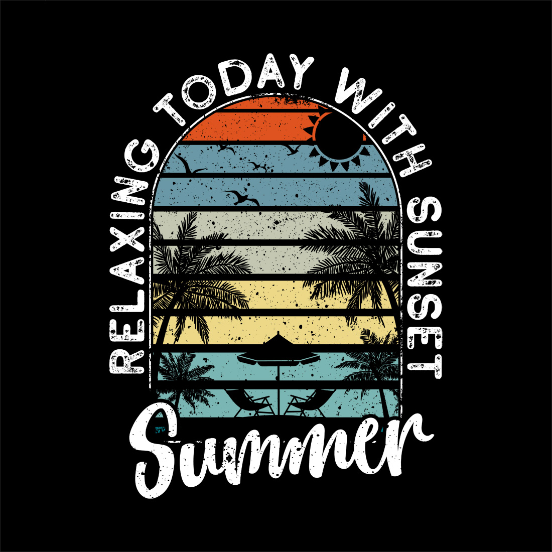 vintage sunset summer t-shirt design with palm trees and beach vibes Summer beach t shirt design preview image.