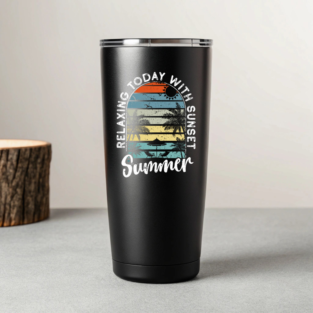 vintage sunset summer t shirt design with palm trees and beach vibes. summer beach t shirt design. 8 black tumblers mockup 51