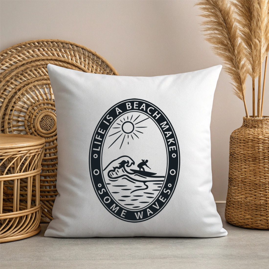 vintage surfing quote design for t shirts mugs and stickers. summer beach t shirt design 3 with pillow mock up 215