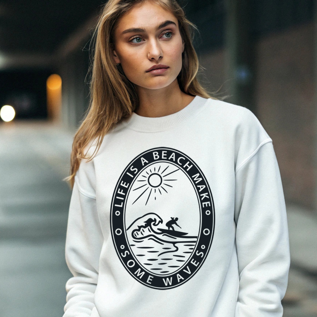 vintage surfing quote design for t shirts mugs and stickers. summer beach t shirt design 4 with female sweatshirt mock up 770