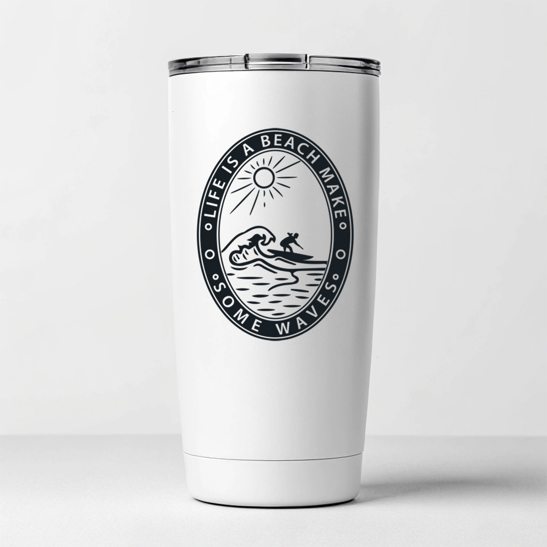 vintage surfing quote design for t shirts mugs and stickers. summer beach t shirt design 8 white tumblers mockup 575