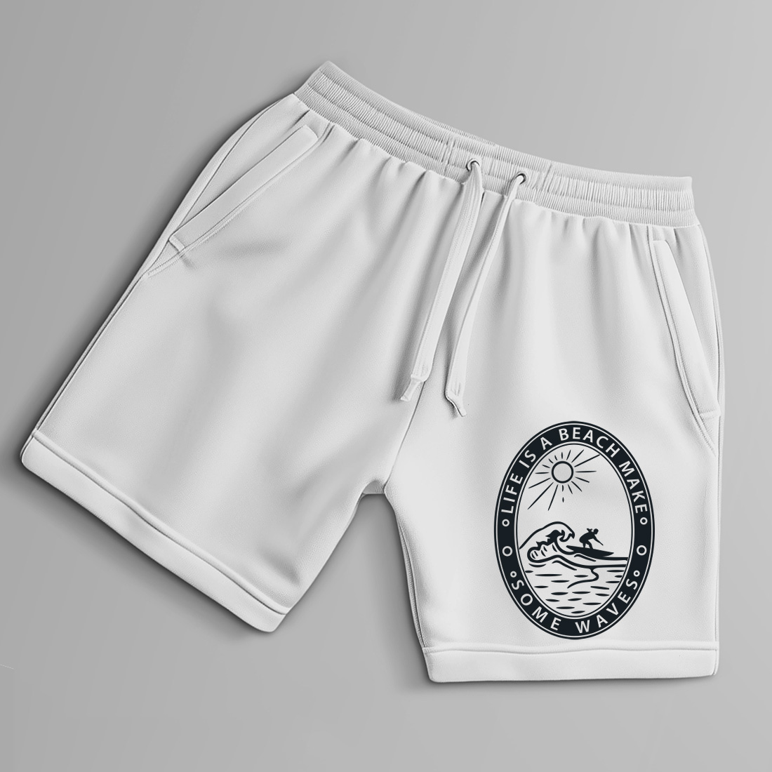 vintage surfing quote design for t shirts mugs and stickers. summer beach t shirt design 9 with shorts mock up 762