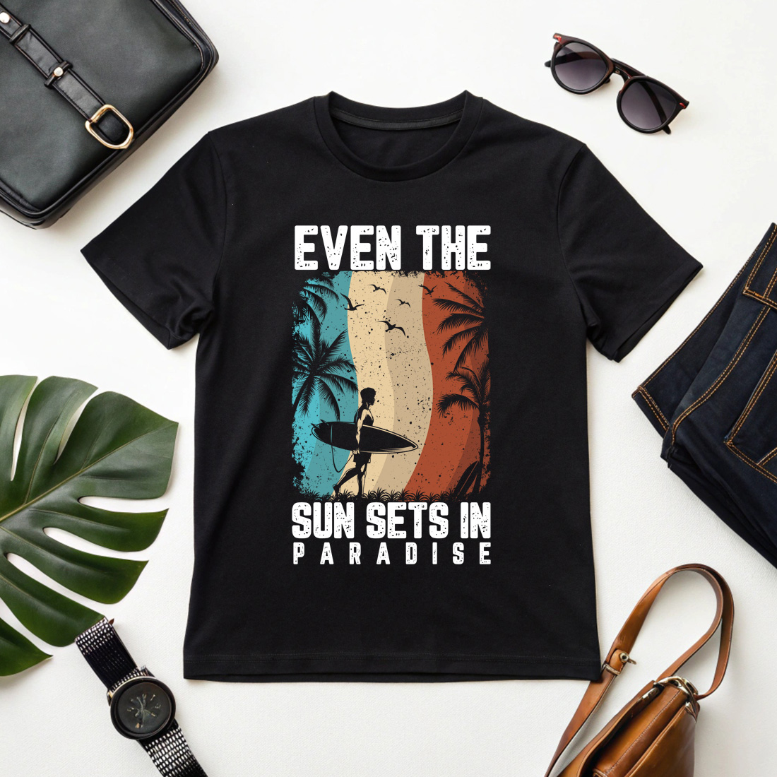 Vintage Surfing Sunset Paradise T-Shirt Design for Beach Lovers Summer beach T-shirt design cover image.