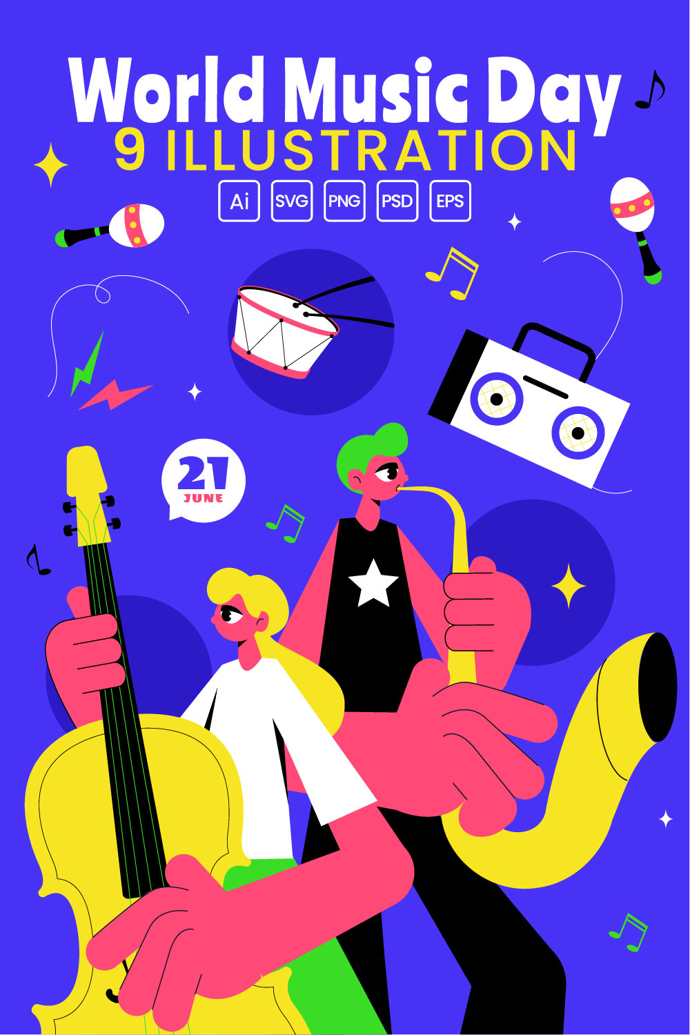 9 World Music Day Illustration pinterest preview image.