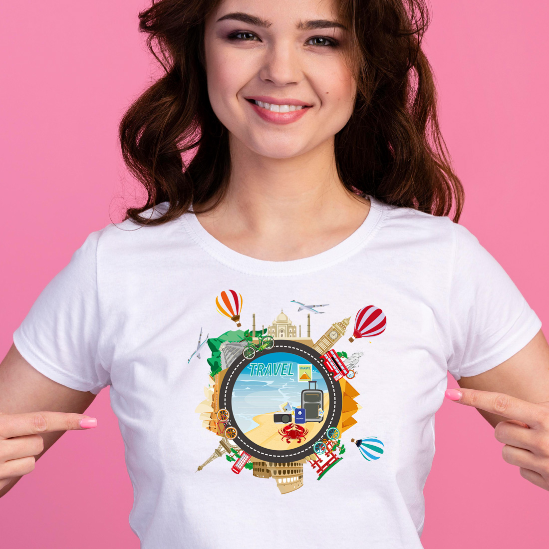 arafed image of a travel background with a lot of things, japan travel and touris T-shirt preview image.