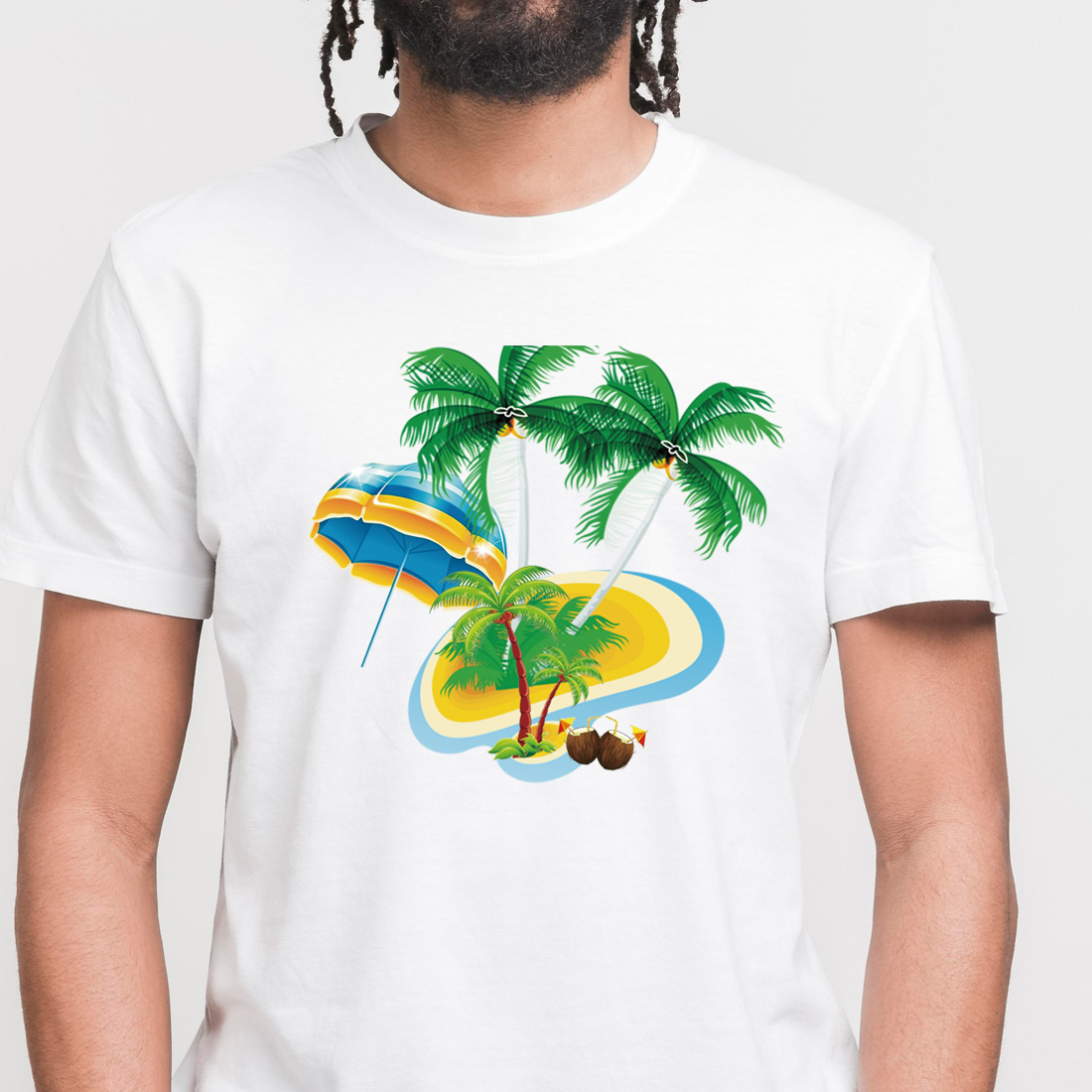 Illustration of a tropical beach scene featuring two lush green palm trees T-shirt preview image.