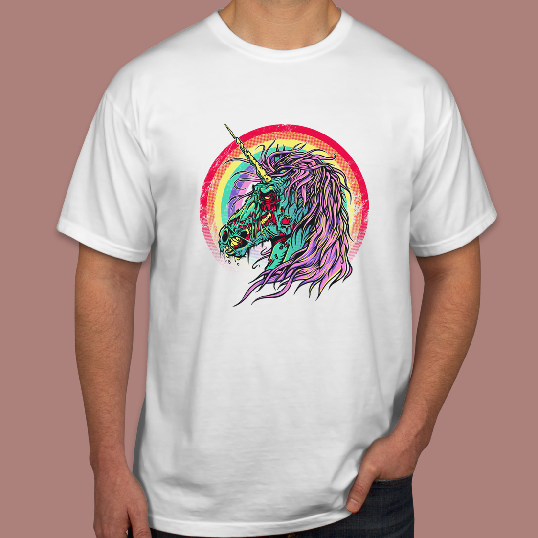A vibrant, stylized unicorn head with T-shirt preview image.