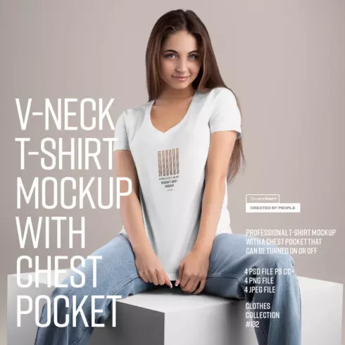 4 Mockup Woman V-Neck T-Shirt with a Chest Pocket cover image.
