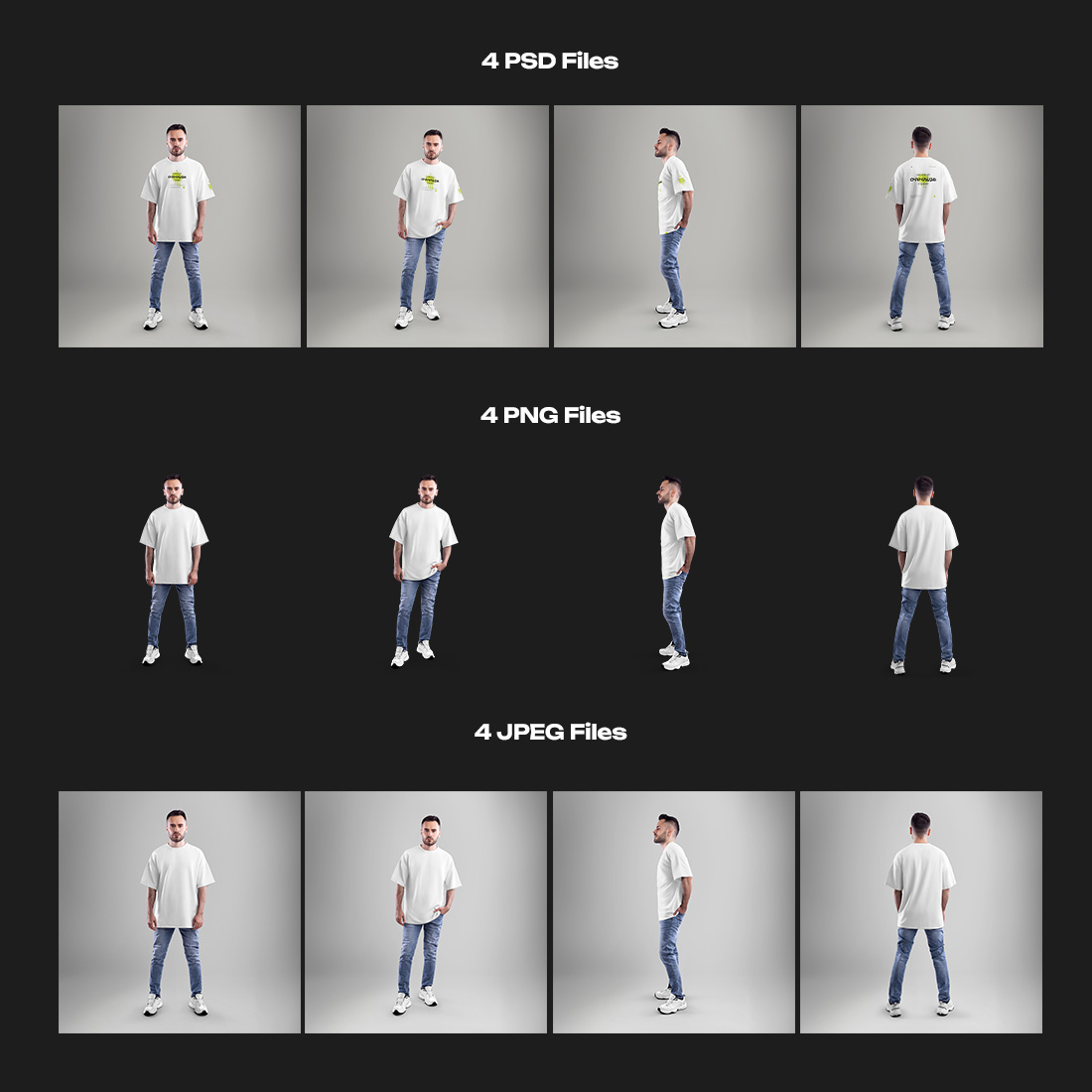 4 Full-Length Oversized Men's T-Shirt Mockups preview image.