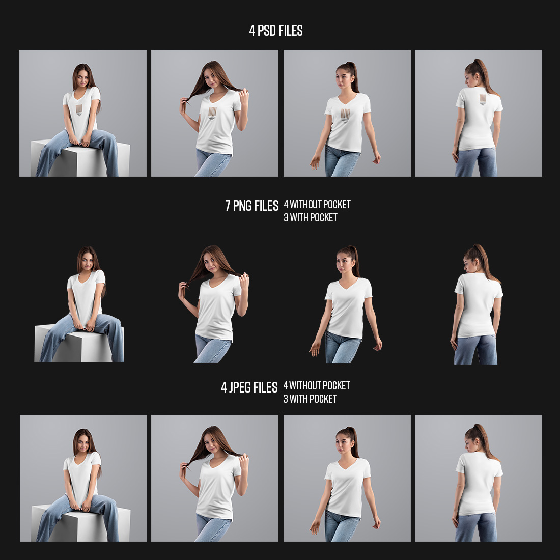 4 Mockup Woman V-Neck T-Shirt with a Chest Pocket preview image.