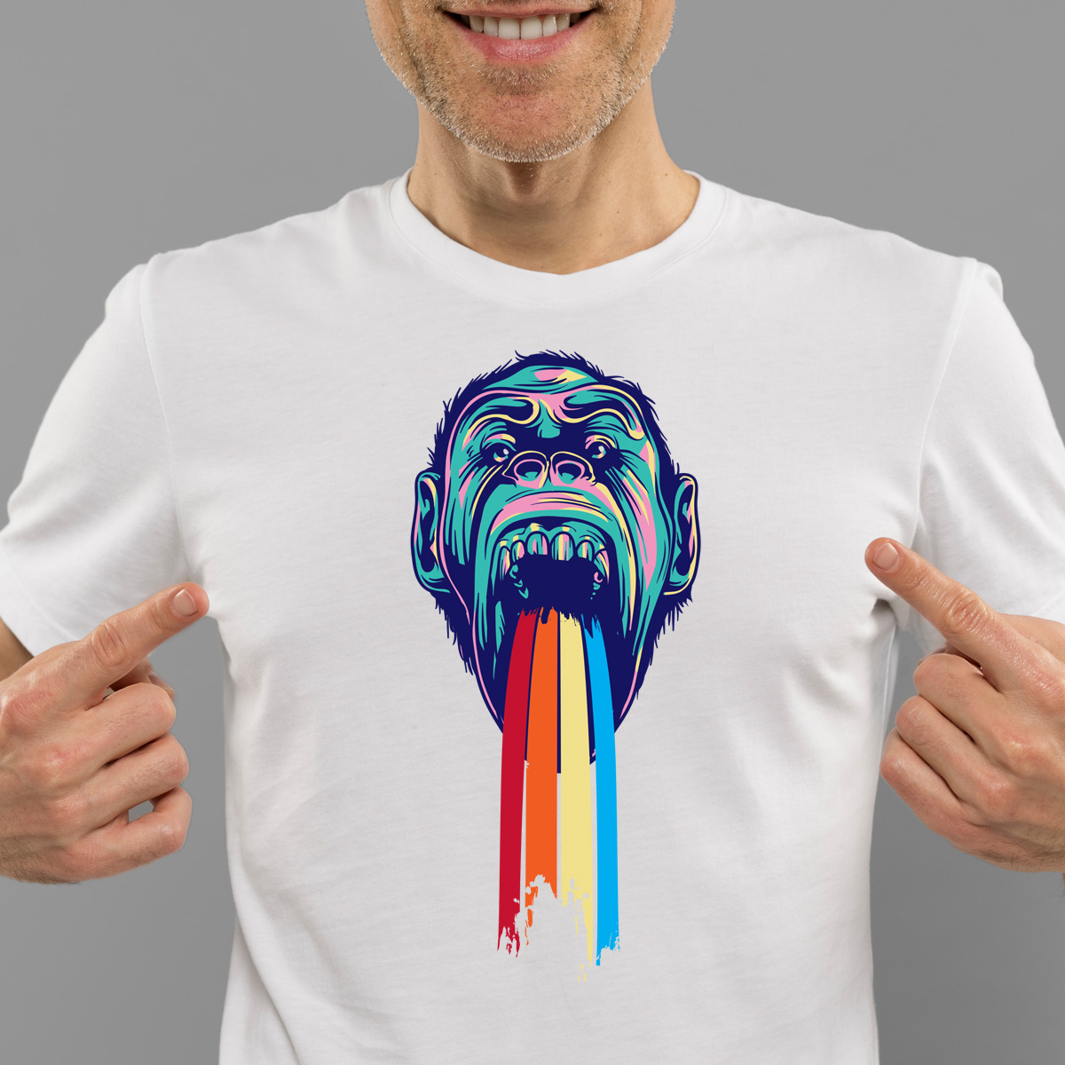 A vibrant, stylized illustration of a monkey's face, displaying an exaggerated expression of excitement T-shirt design preview image.