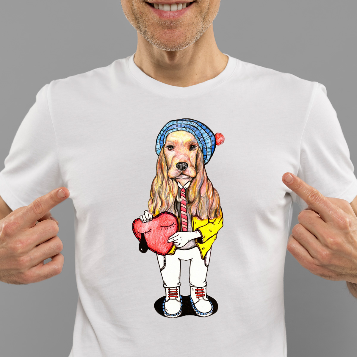 An illustrated dog with a long, golden coat wears a blue beanie T-shirt cover image.