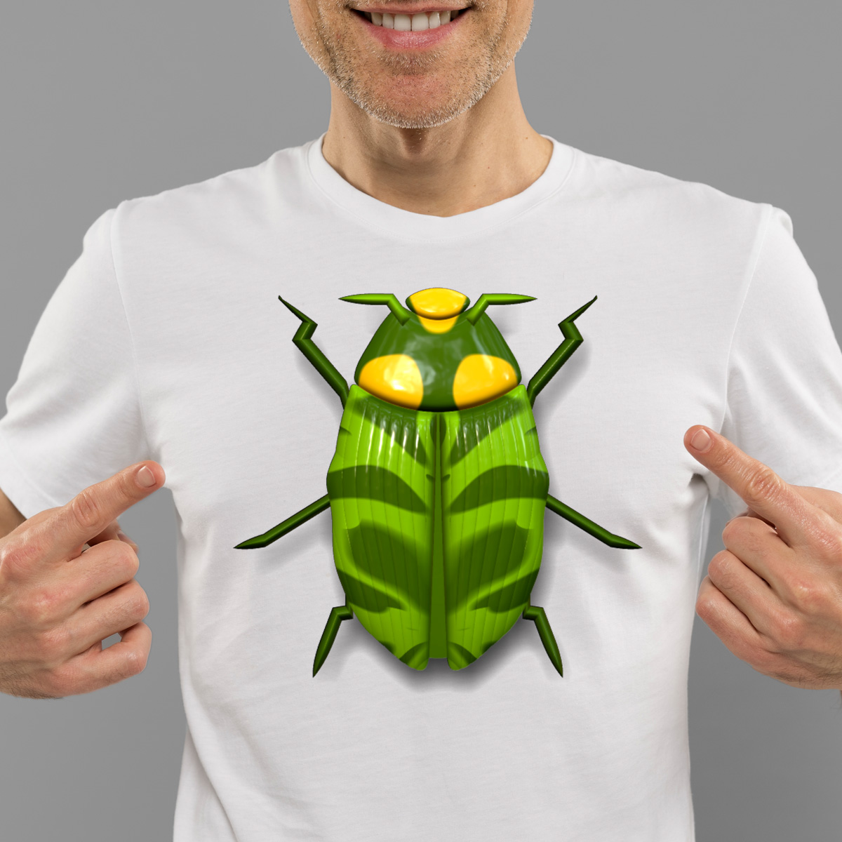 A stylized, bright green beetle with yellow markings on its back T-shirt design preview image.