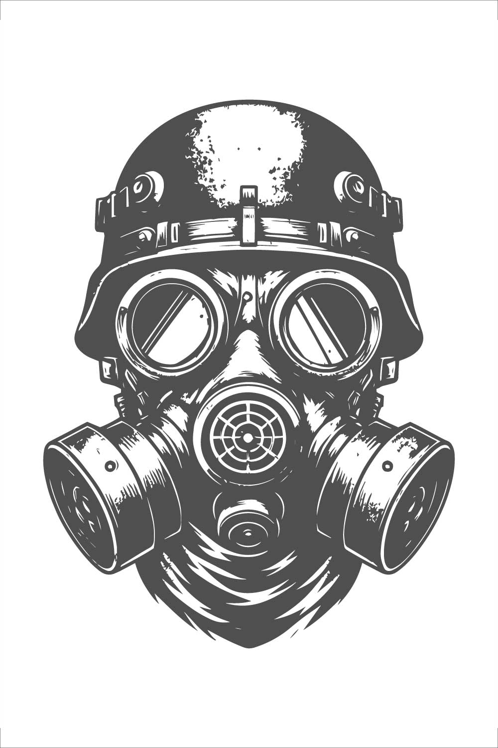 Vintage Illustration of a Gas Mask and Military Helmet pinterest preview image.