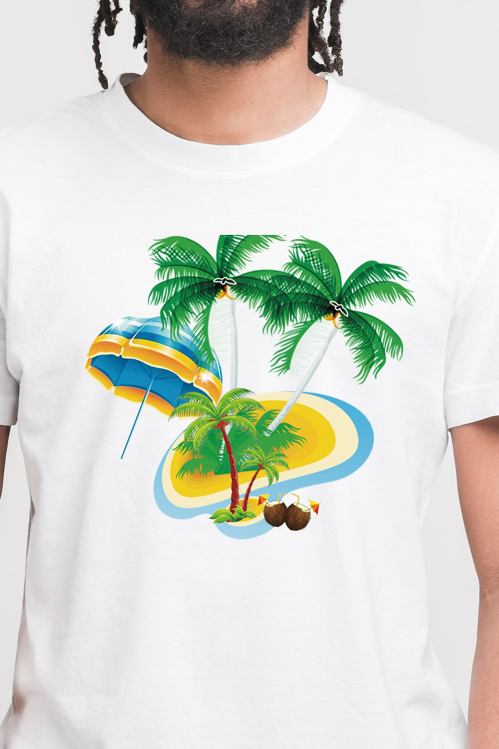 Illustration of a tropical beach scene featuring two lush green palm trees T-shirt pinterest preview image.
