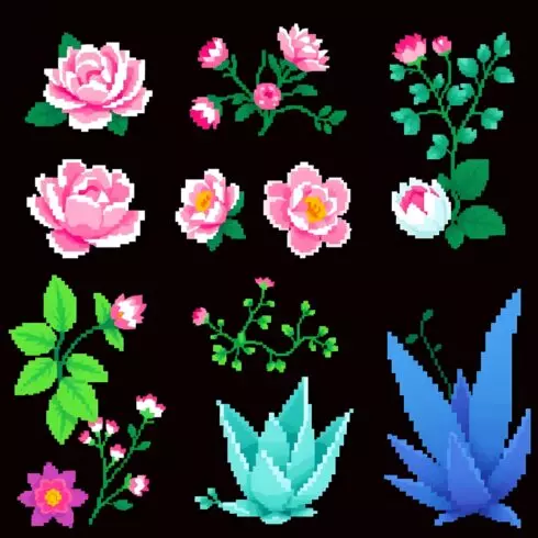 200+ PNG Pixel Flowers Bundle – Camellias, Peonies, Vines & Agave | High-Quality Ruffled Petal Designs cover image.