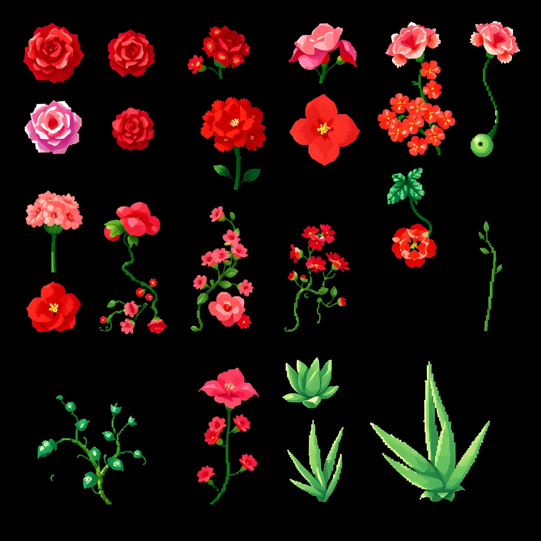 200+ PNG Pixel Flowers Bundle – Camellias, Peonies, Vines & Agave | High-Quality Ruffled Petal Designs preview image.