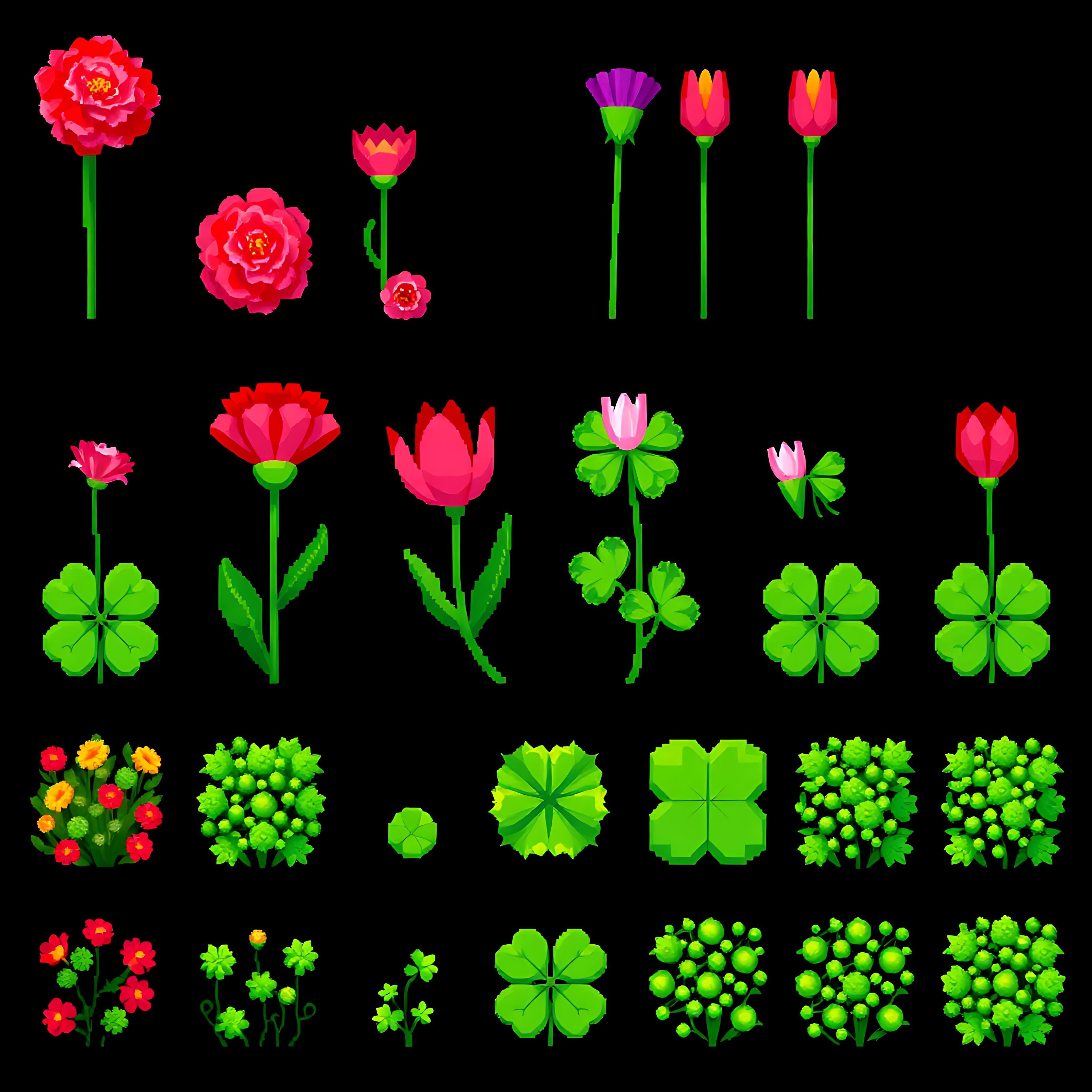 aacarnations tulips clover bushes. pixel carnations in red and pink pixel tulips in various shades pixel cl 00007 786
