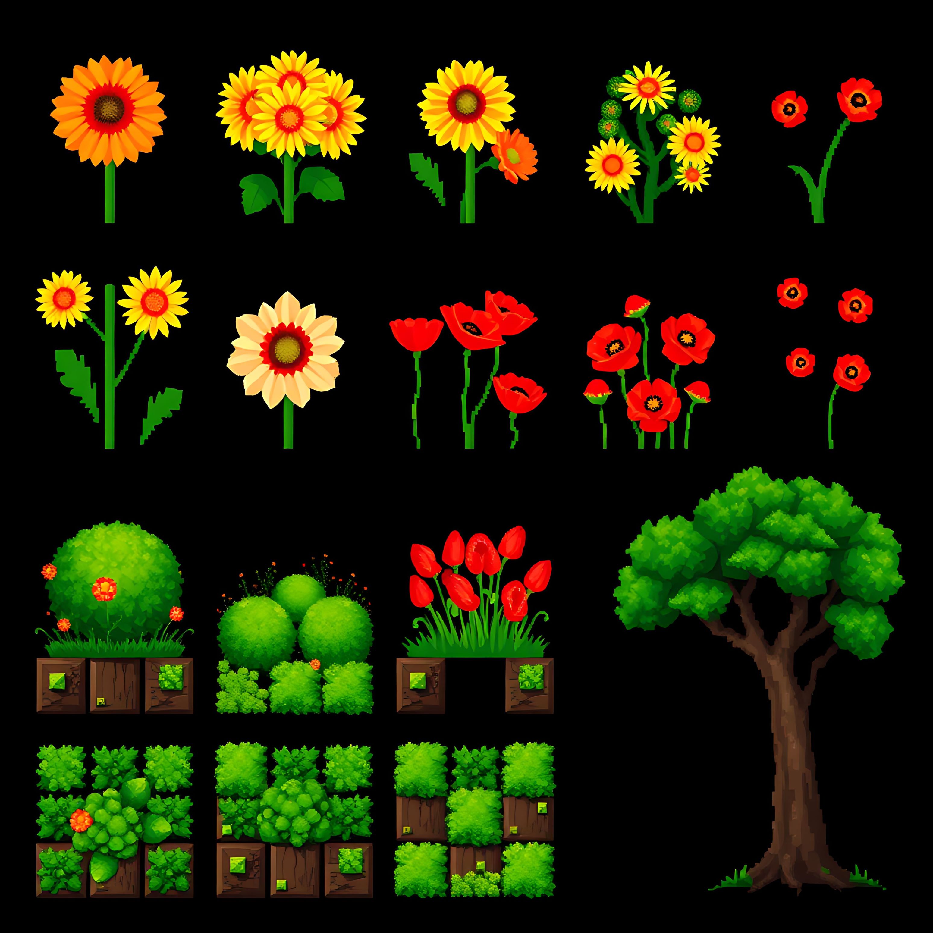 aachrysanthemums poppies moss oak trees. pixel chrysanthemums in vibrant yellow and orange bold red poppies 00003 449
