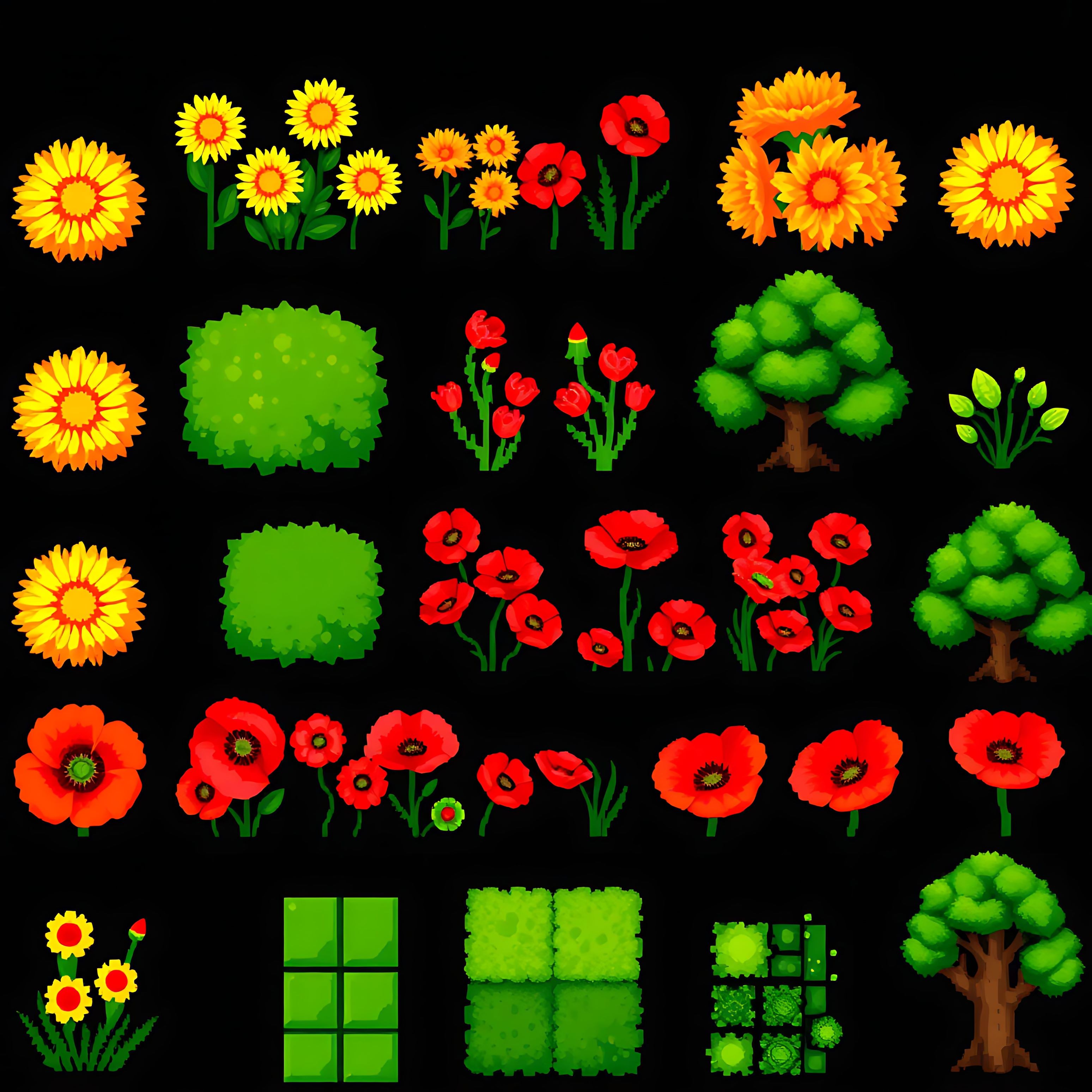 aachrysanthemums poppies moss oak trees. pixel chrysanthemums in vibrant yellow and orange bold red poppies 00010 559
