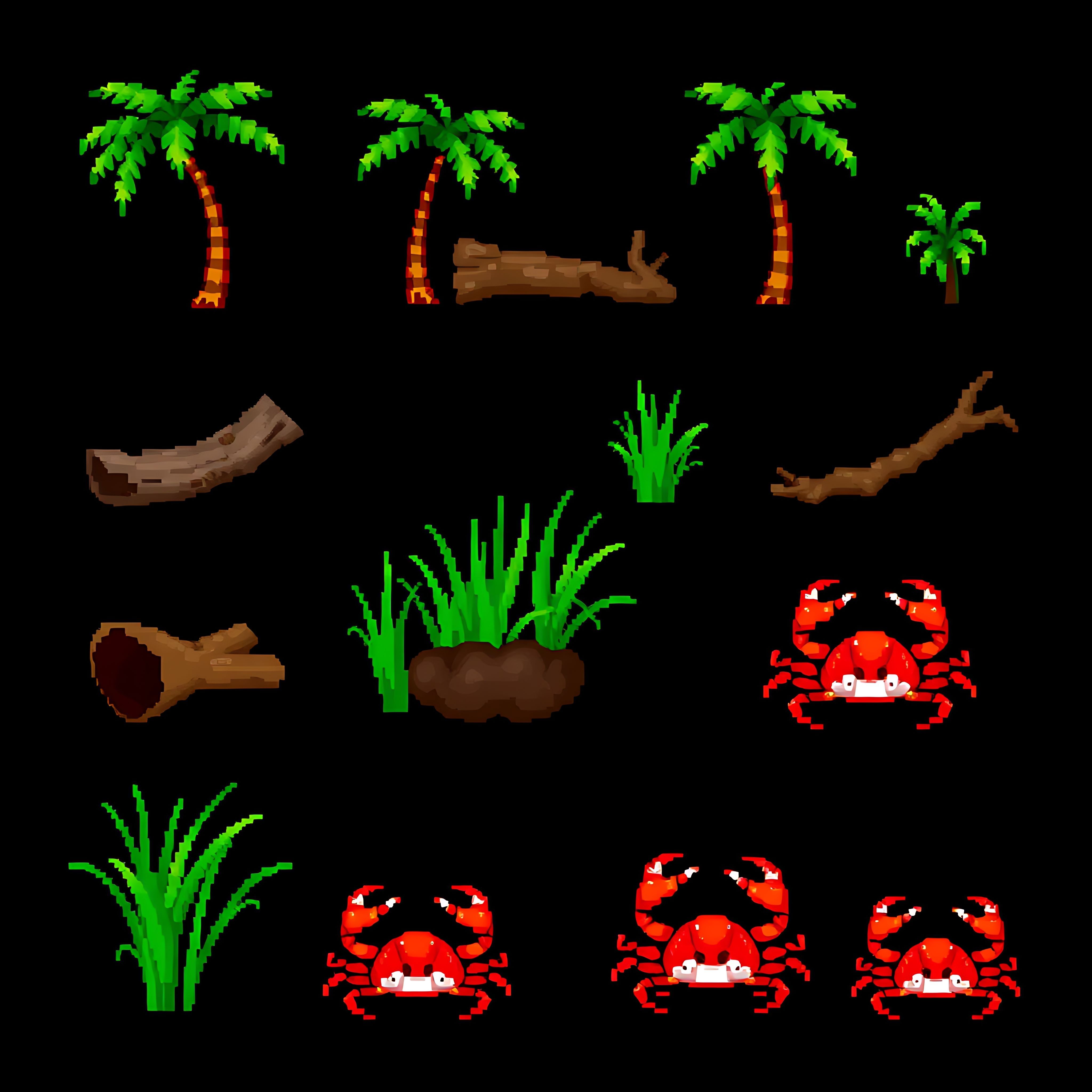 aacoconut palms driftwood sea grass crabs. pixelated coconut palms with green pixel fronds driftwood in bro 00004 629