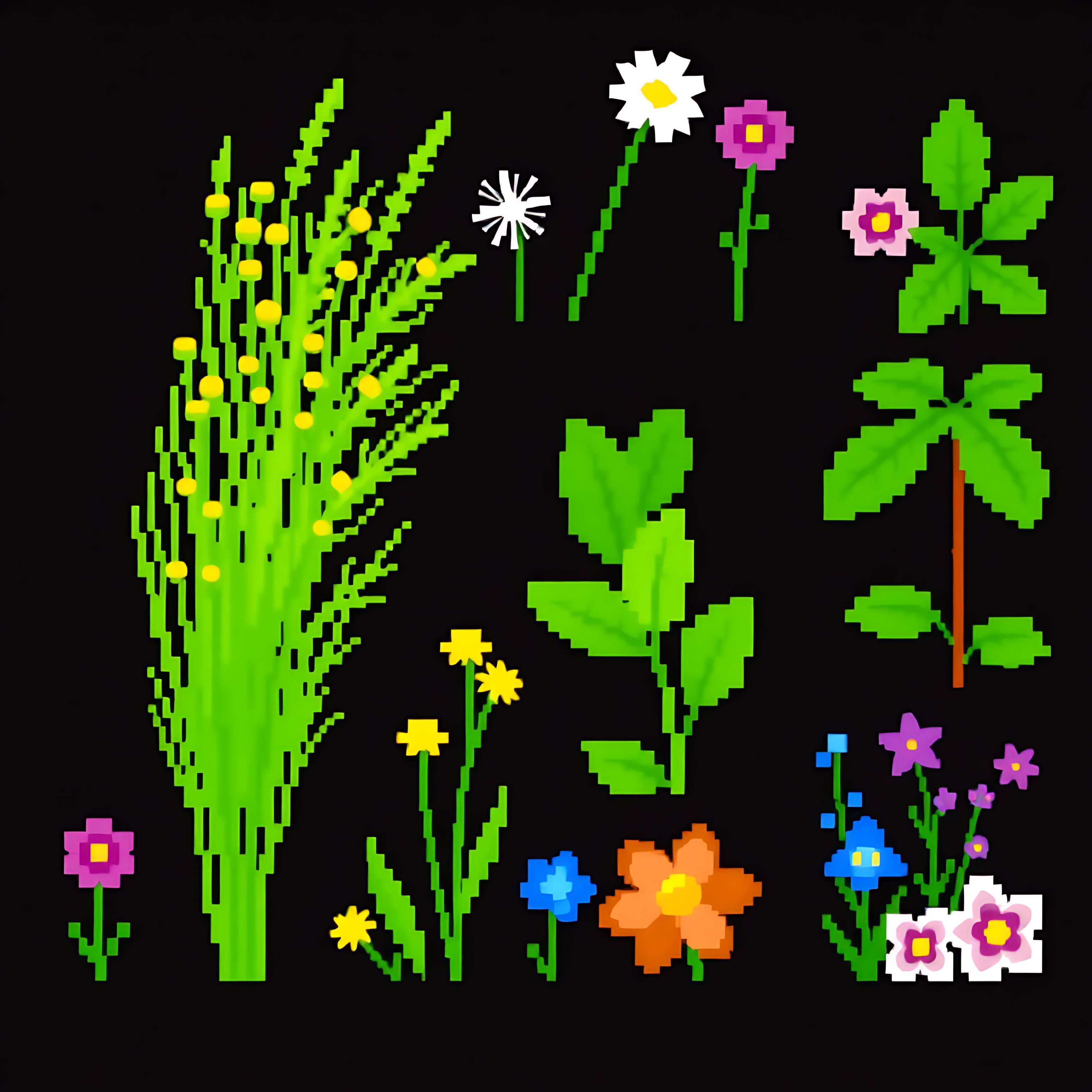 aadandelions tall grasses fig trees jungle flowers. pixel dandelions with small blocky yellow heads tall gr 00007 46