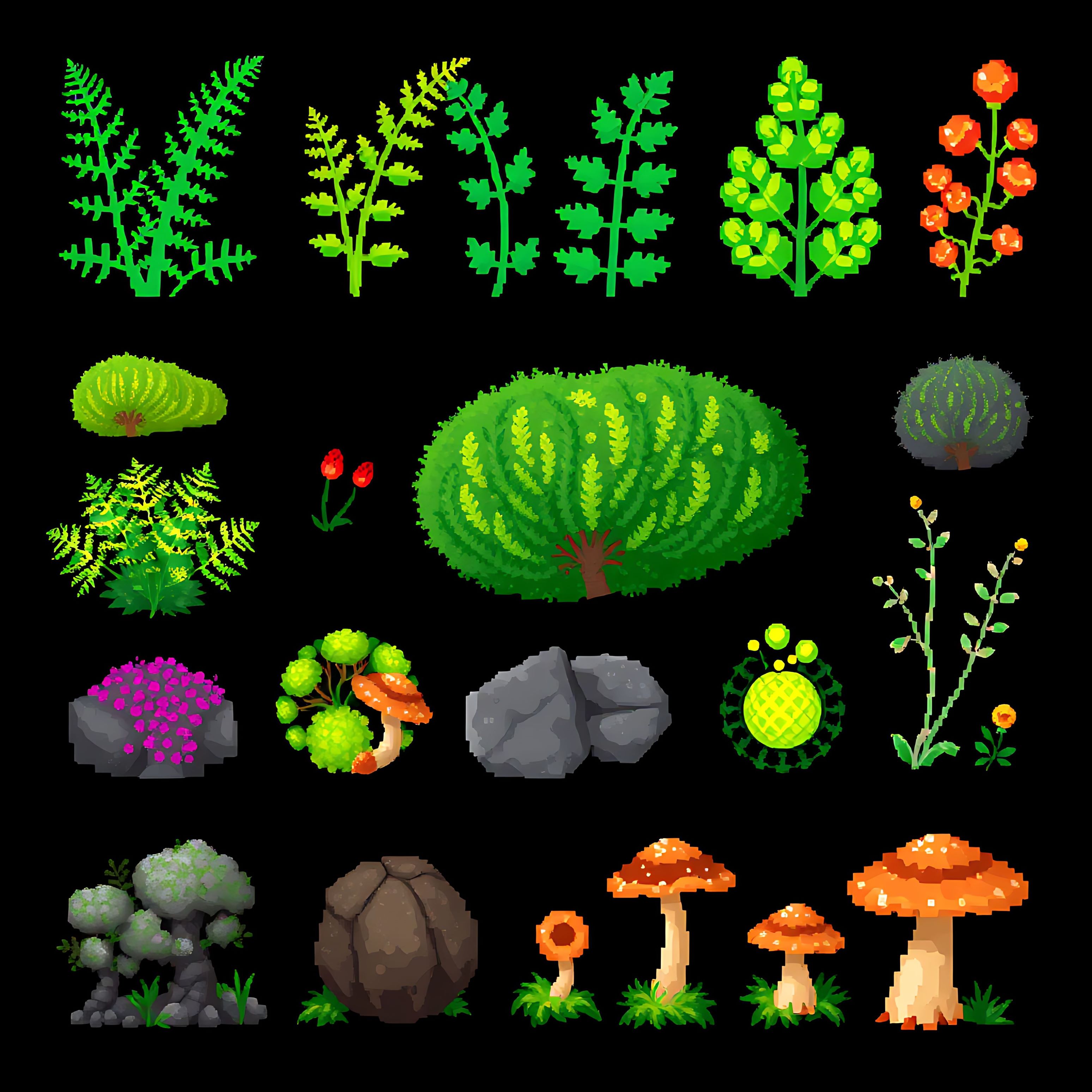 aaferns moss lichens mushrooms. pixel ferns with long pixel leaves moss covering the pixel forest floor lic 00002 198