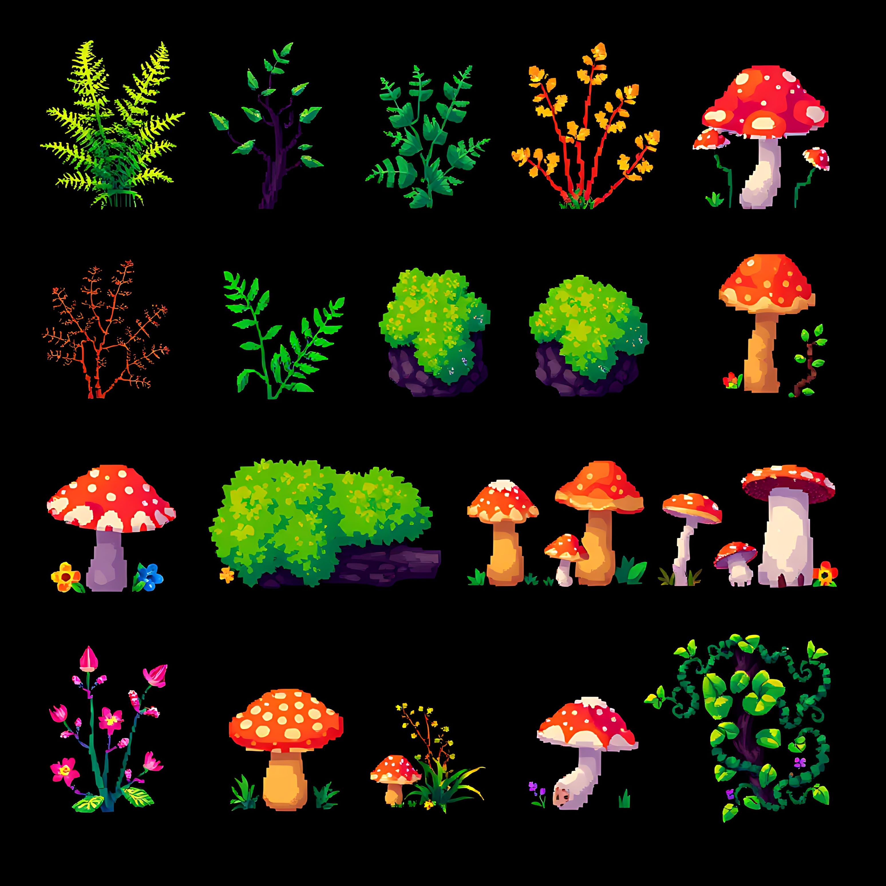 aaferns moss mushrooms vines. pixel ferns with long fronds moss covering pixel ground pixel mushrooms in va 00001 724