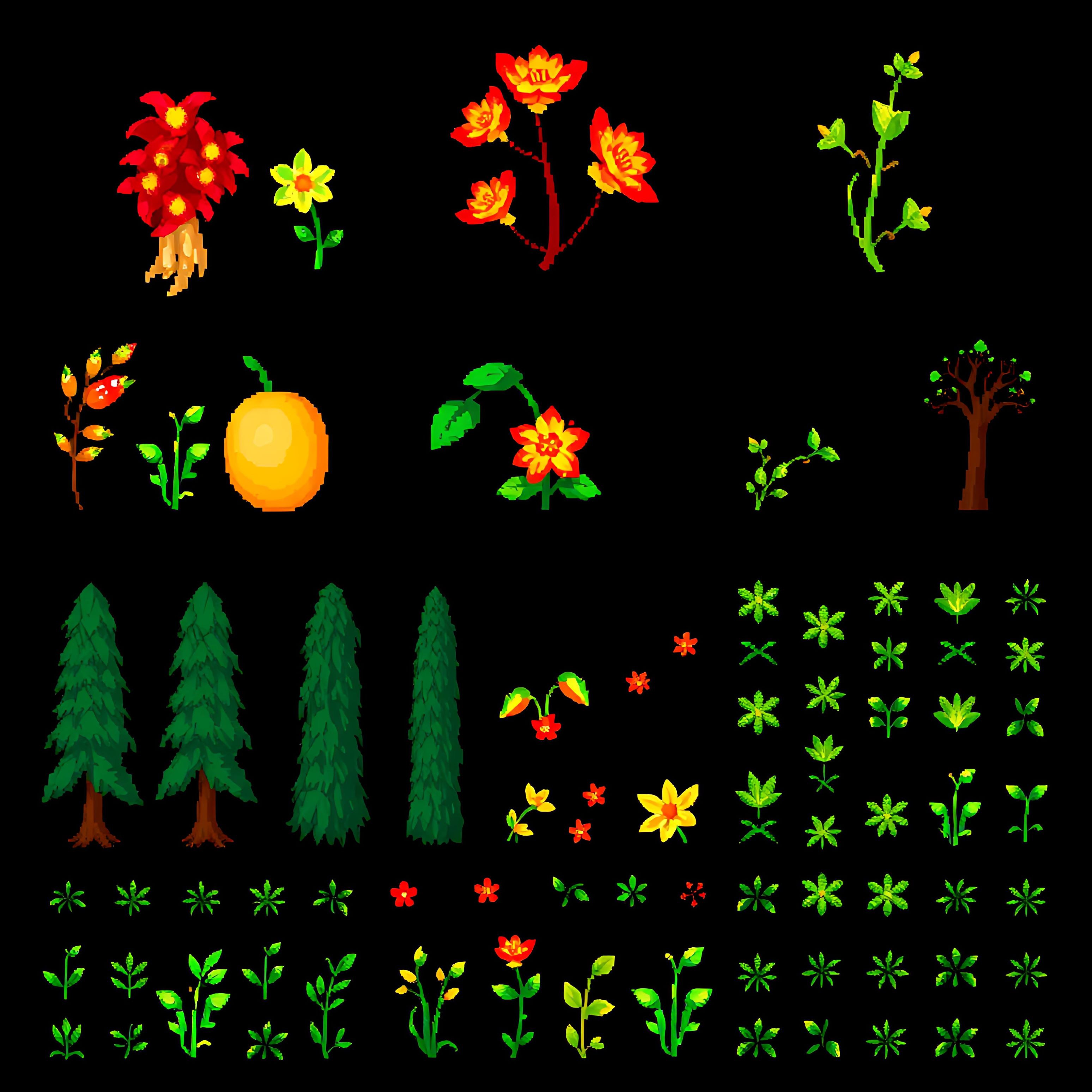 aaginger flowers pepper plants cypress trees jungle foliage. pixel ginger flowers in bold red and yellow pe 00003 735
