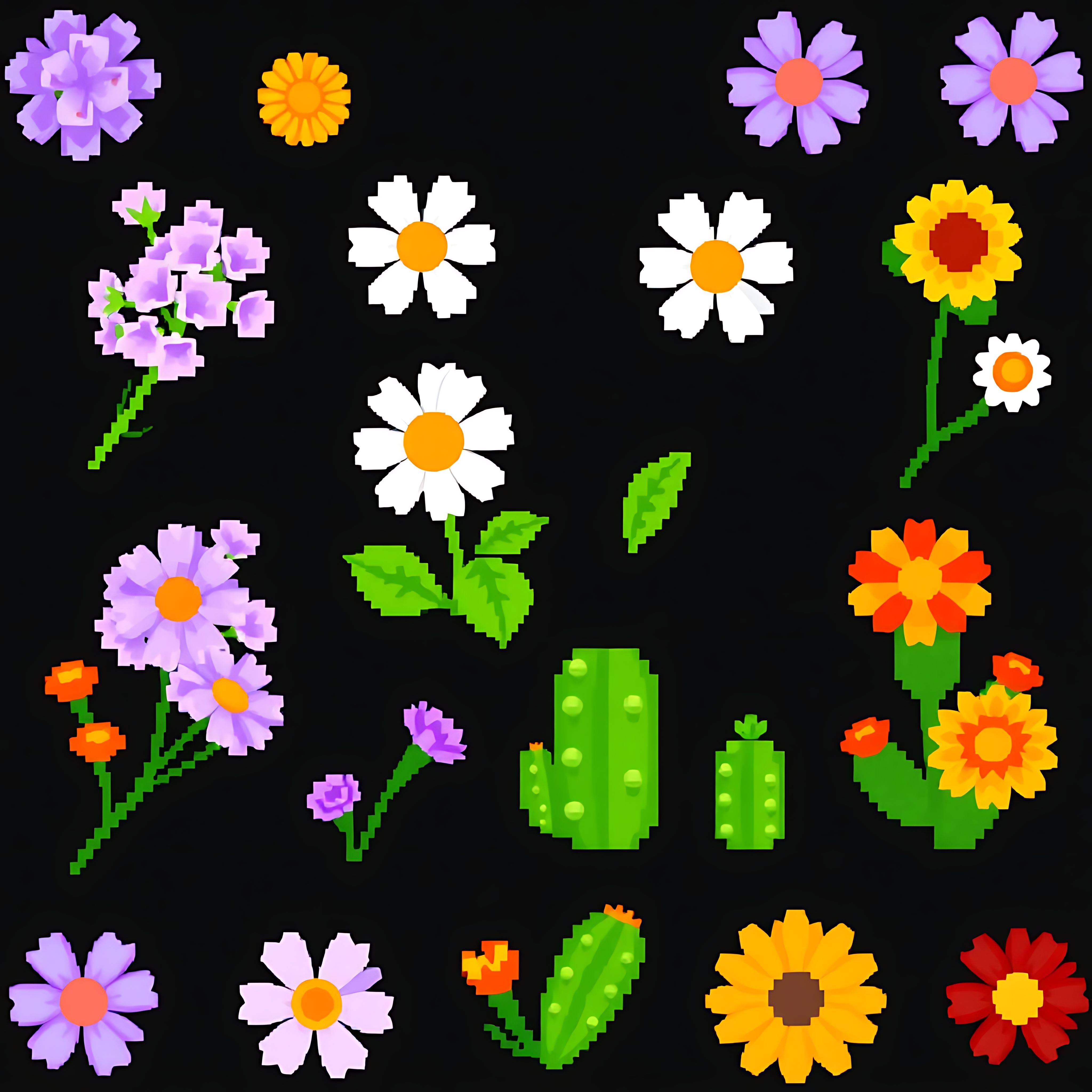 aalilacs daisies marigolds cacti. pixel lilacs with lavender hues white pixel daisies orange pixel marigold 00007 463