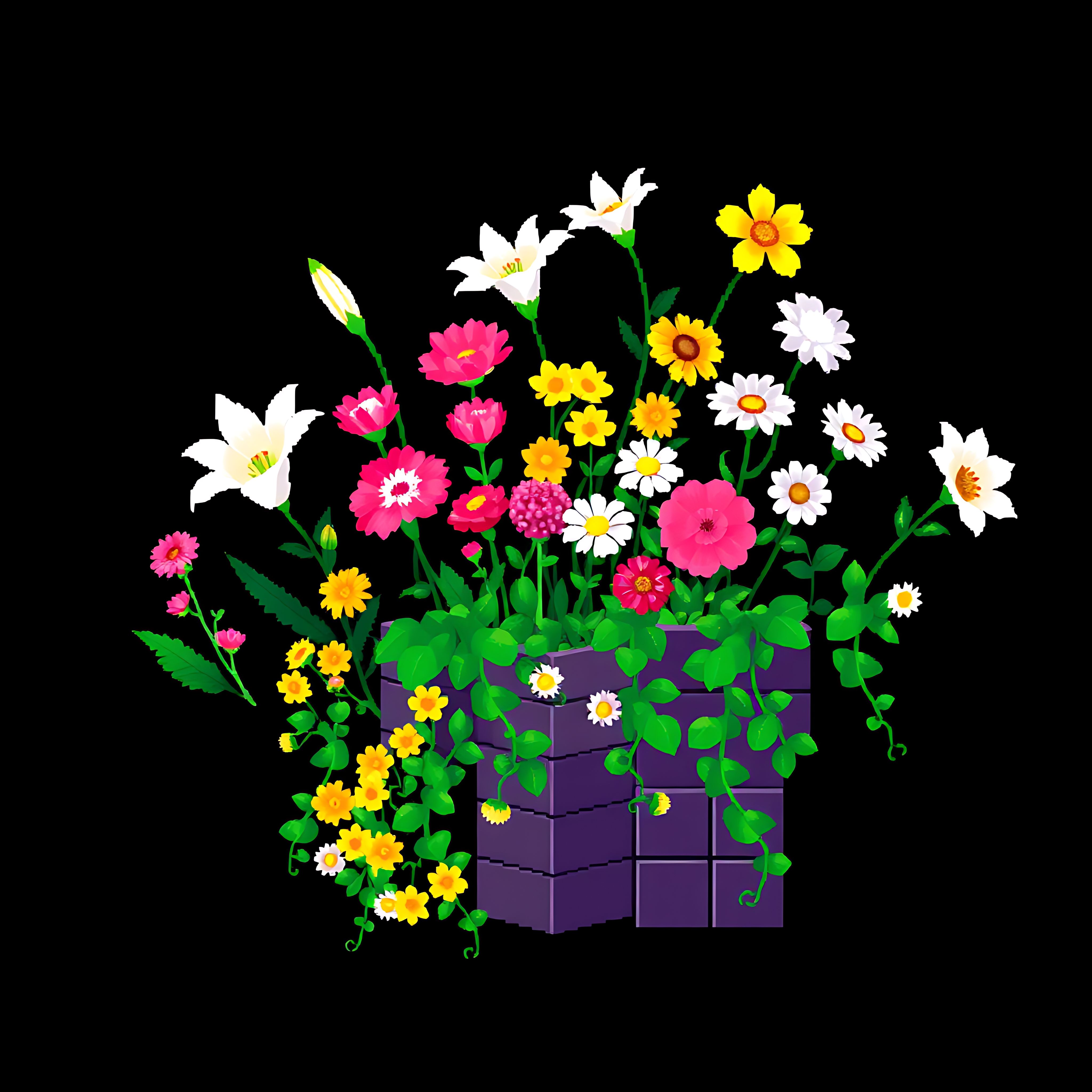 aalilies carnations daisies ivy vines. pixelated white lilies pink pixel carnations yellow pixel daisies an 00001 107