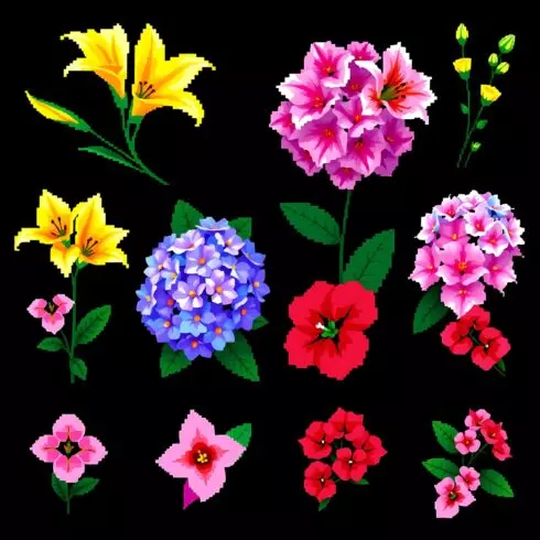 Pixel Floral PNG Bundle – Lilies, Carnations, Daisies & Ivy Vines | 200+ High-Quality Elements cover image.