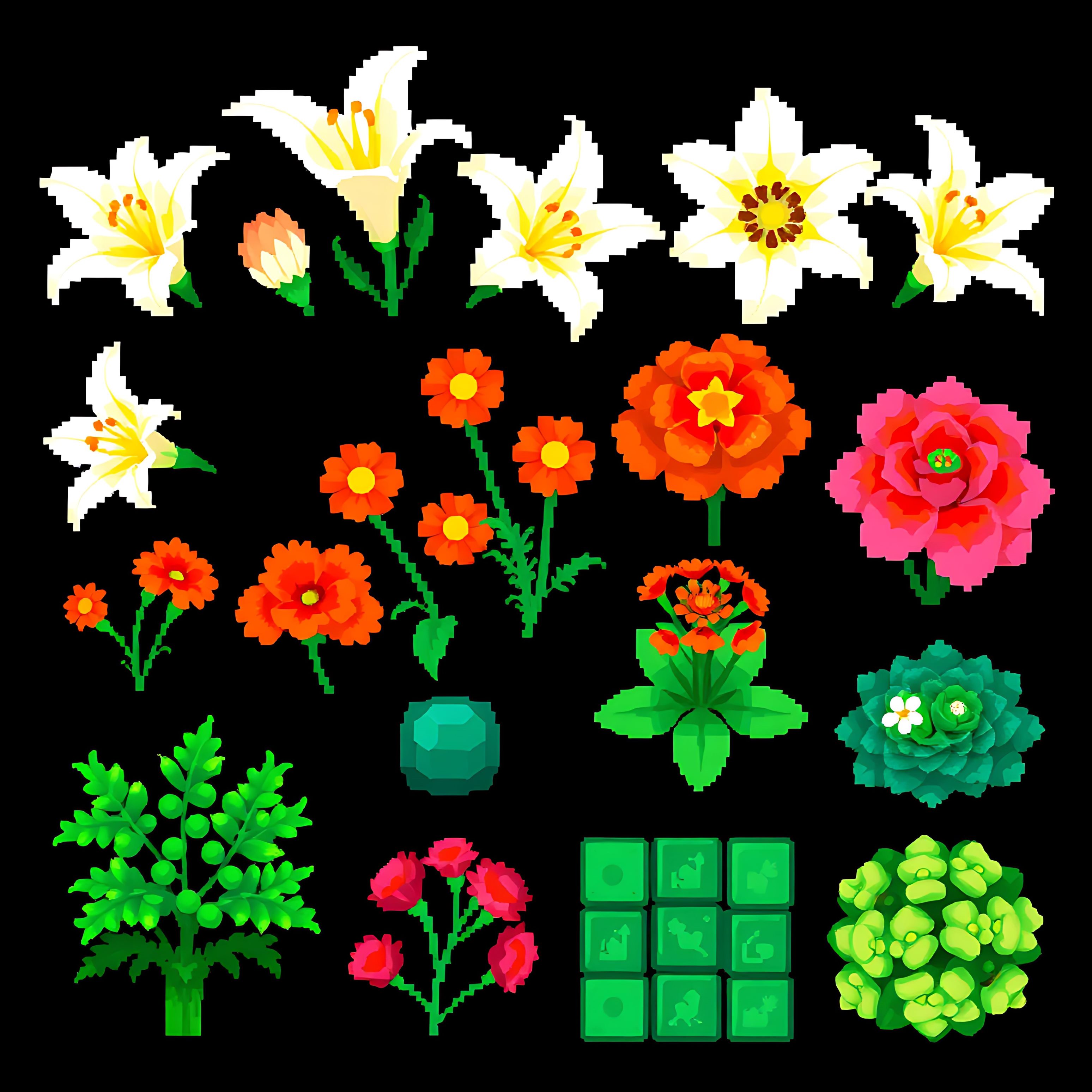 aalilies marigolds succulents bushes. pixel white lilies with soft shading bright orange pixel marigolds pi 00004 688