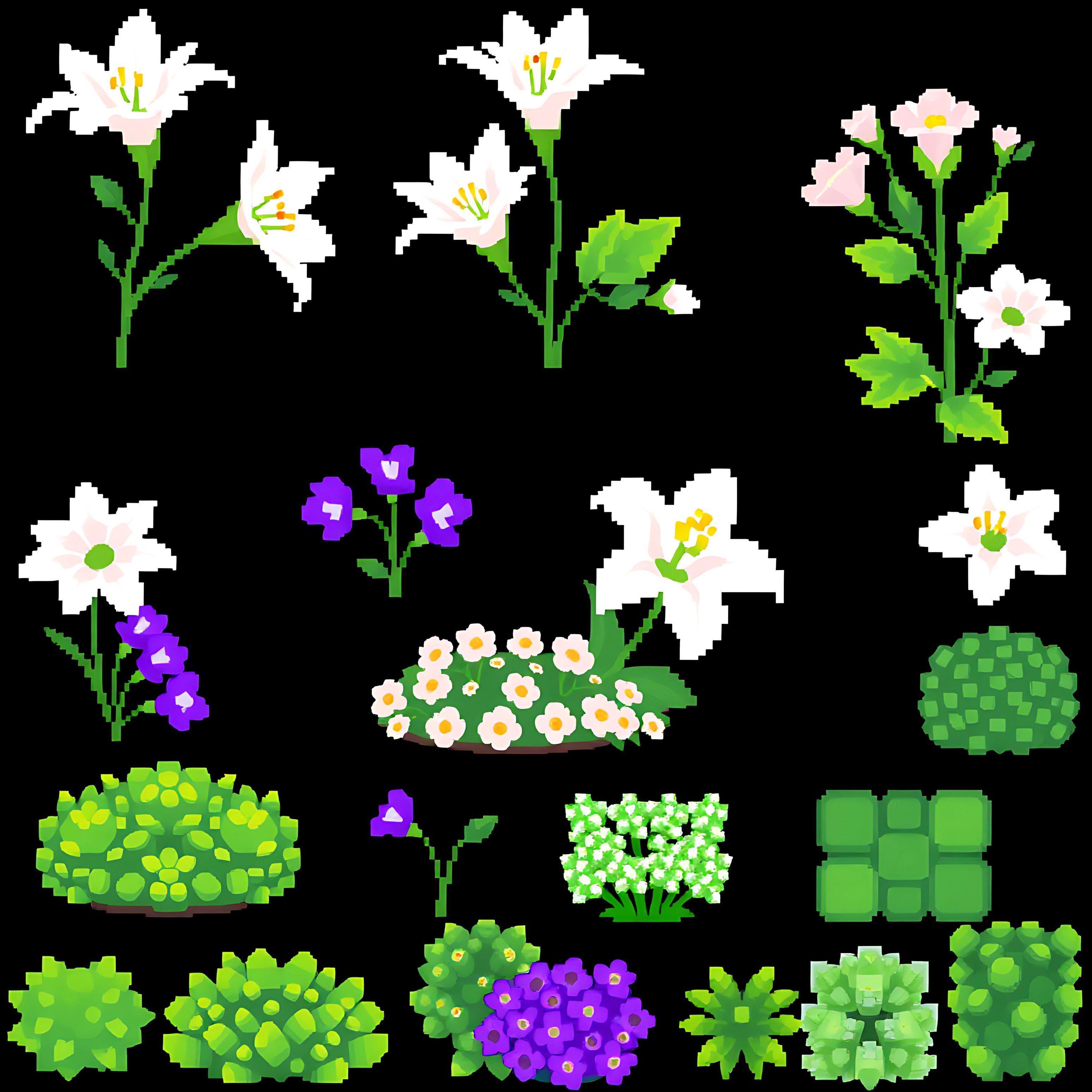 aalilies violets shrubs bushes. white pixel lilies with subtle shading purple pixel violets with delicate p 00001 244