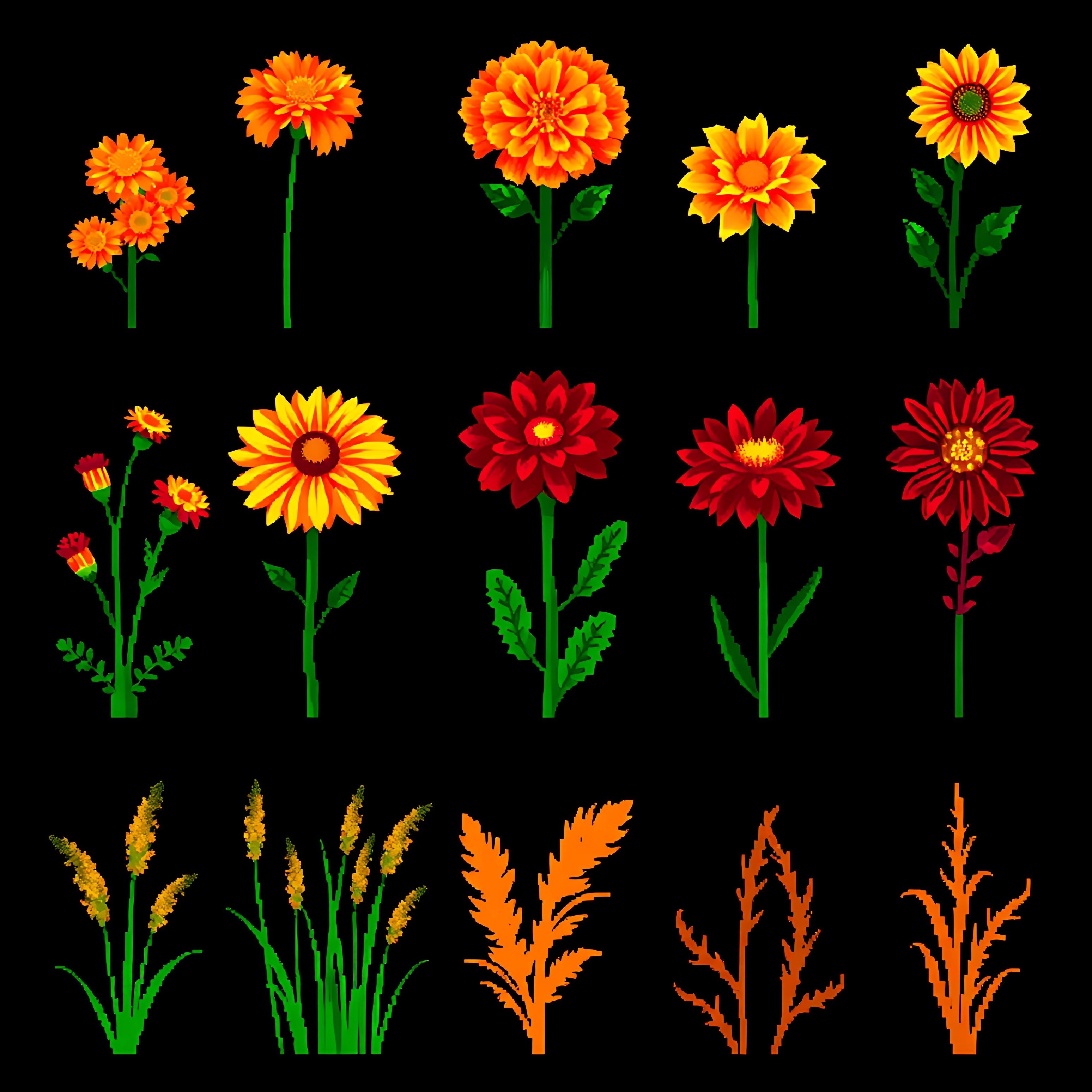 aamarigolds chrysanthemums dahlias grasses. pixelated marigolds with vibrant orange blooms pixel chrysanthe 00005 41