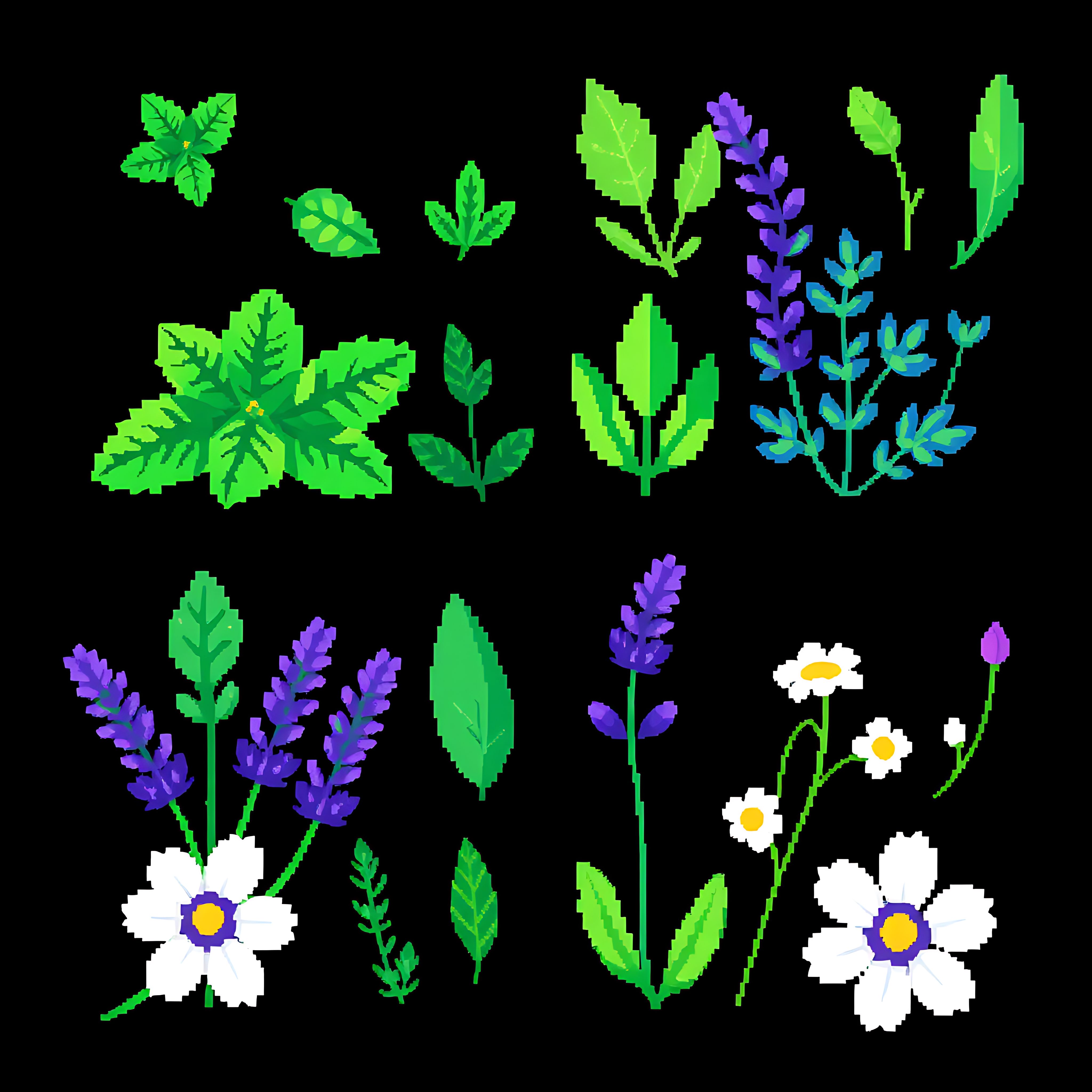 aamint sage lavender chamomile. mint leaves with jagged pixel veins sage leaves with smooth pixel outlines 00007 847
