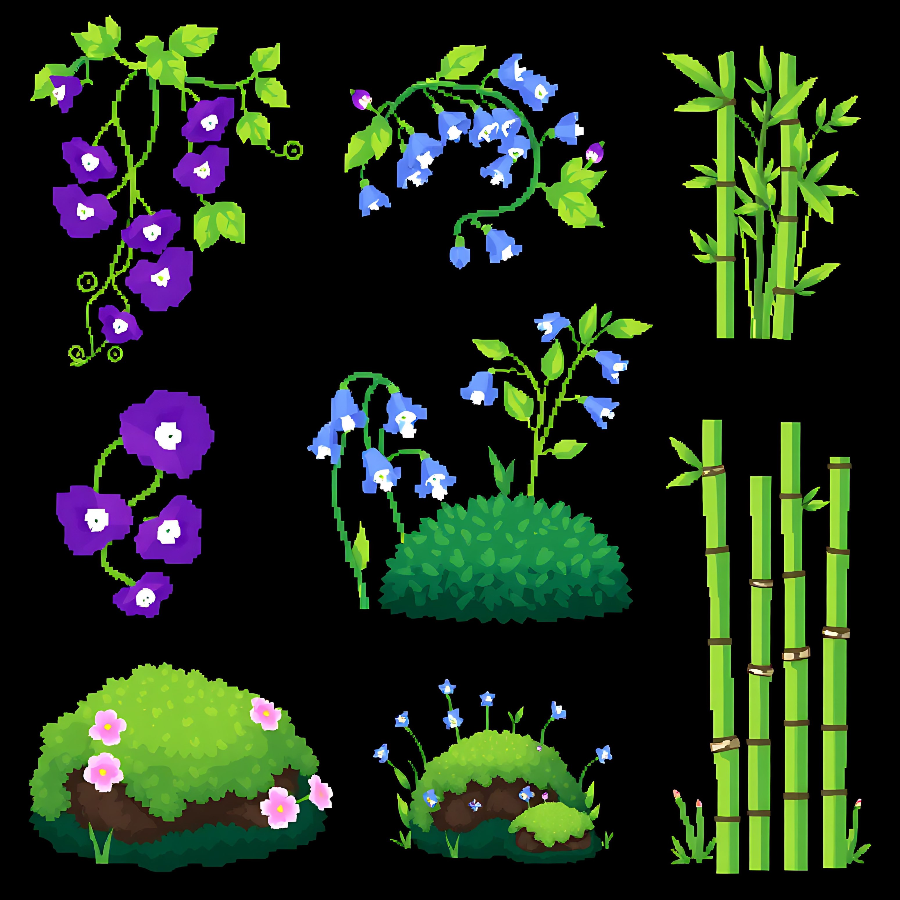 aamorning glories bluebells moss bamboo. pixel morning glories in deep purple with spiraling vines pixel bl 00004 98
