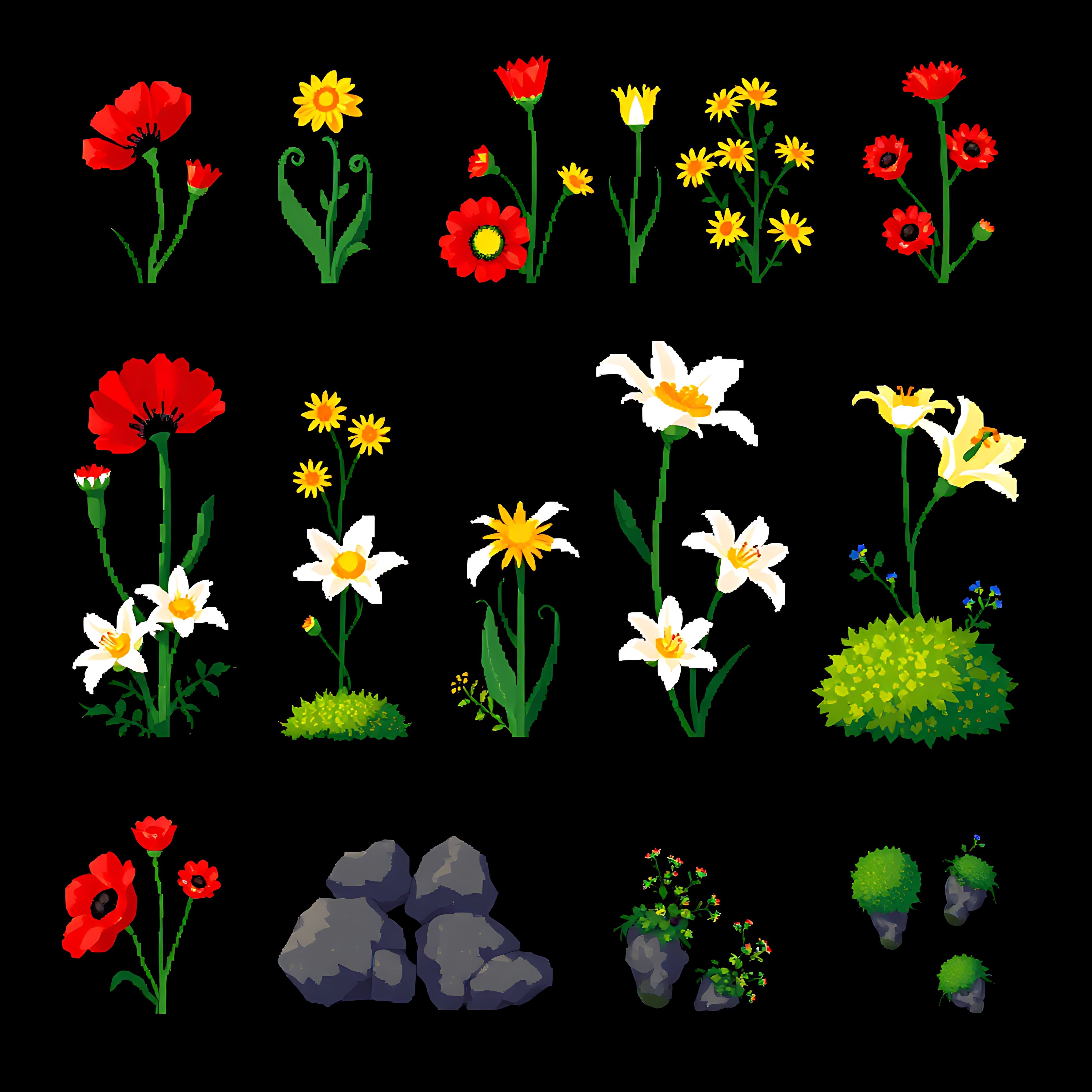 aapoppies chrysanthemums lilies moss. bright red pixel poppies yellow pixel chrysanthemums white pixel lili 00005 339