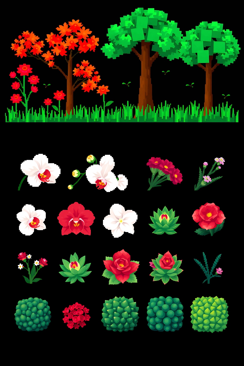 Pixel Floral PNG Bundle – Lilies, Carnations, Daisies & Ivy Vines | 200+ High-Quality Elements pinterest preview image.