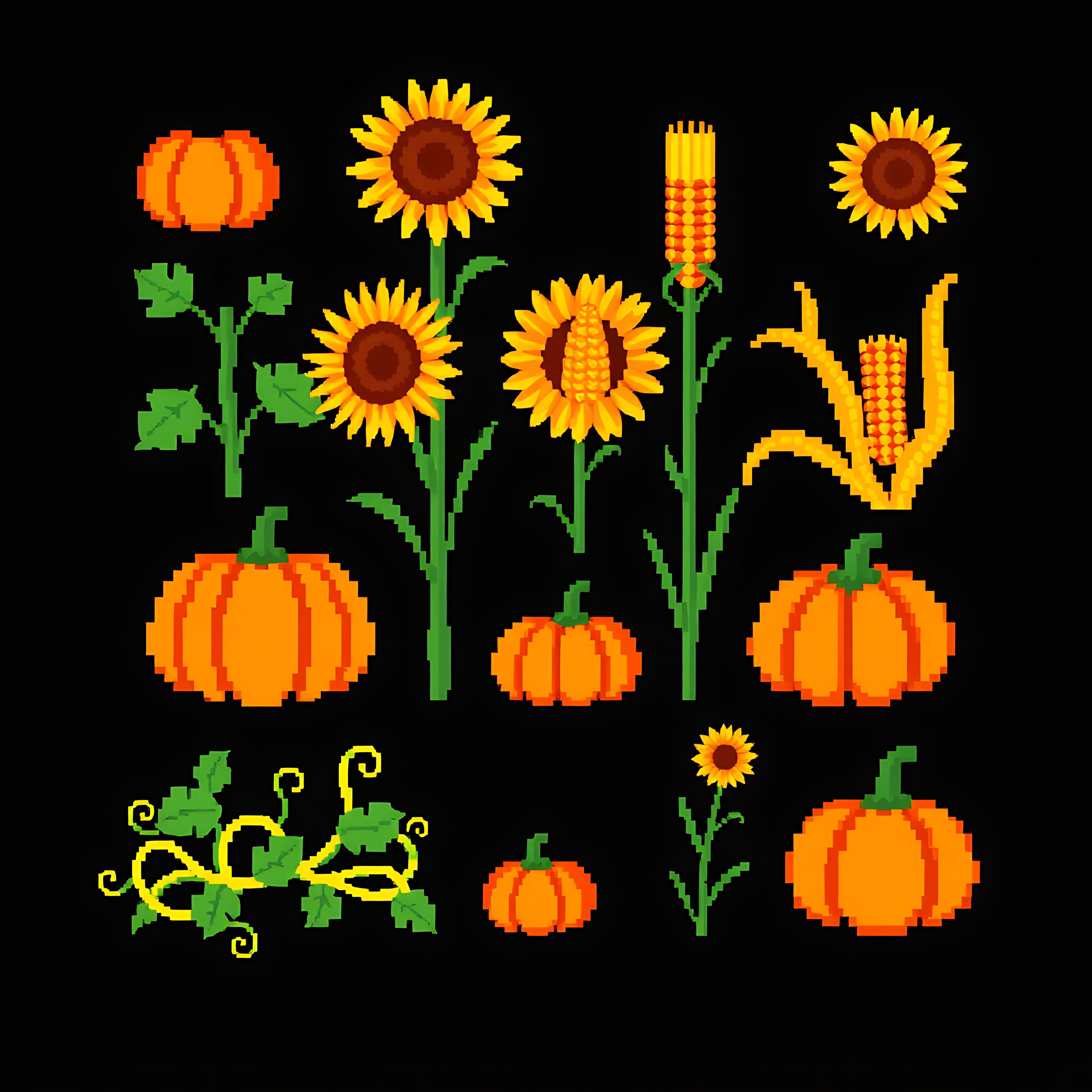 aapumpkin vines sunflowers corn stalks squash. pixel pumpkin vines snaking along the ground large sunflower 00012 803