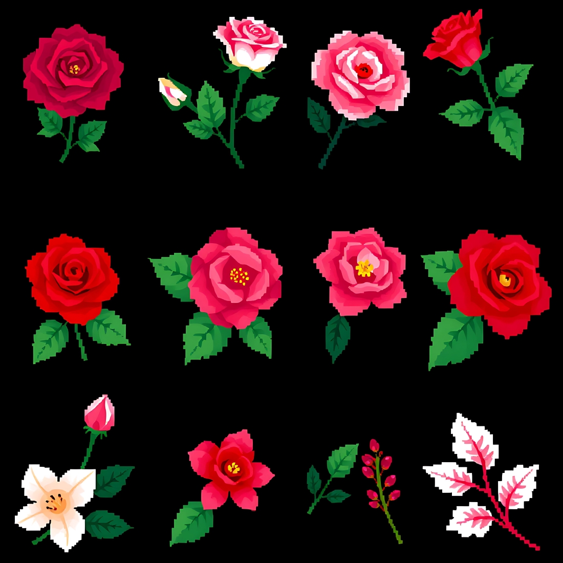 Pixel Flower PNG Bundle – Roses, Camellias, Gardenias & Leaves | 200+ High-Res Elements cover image.