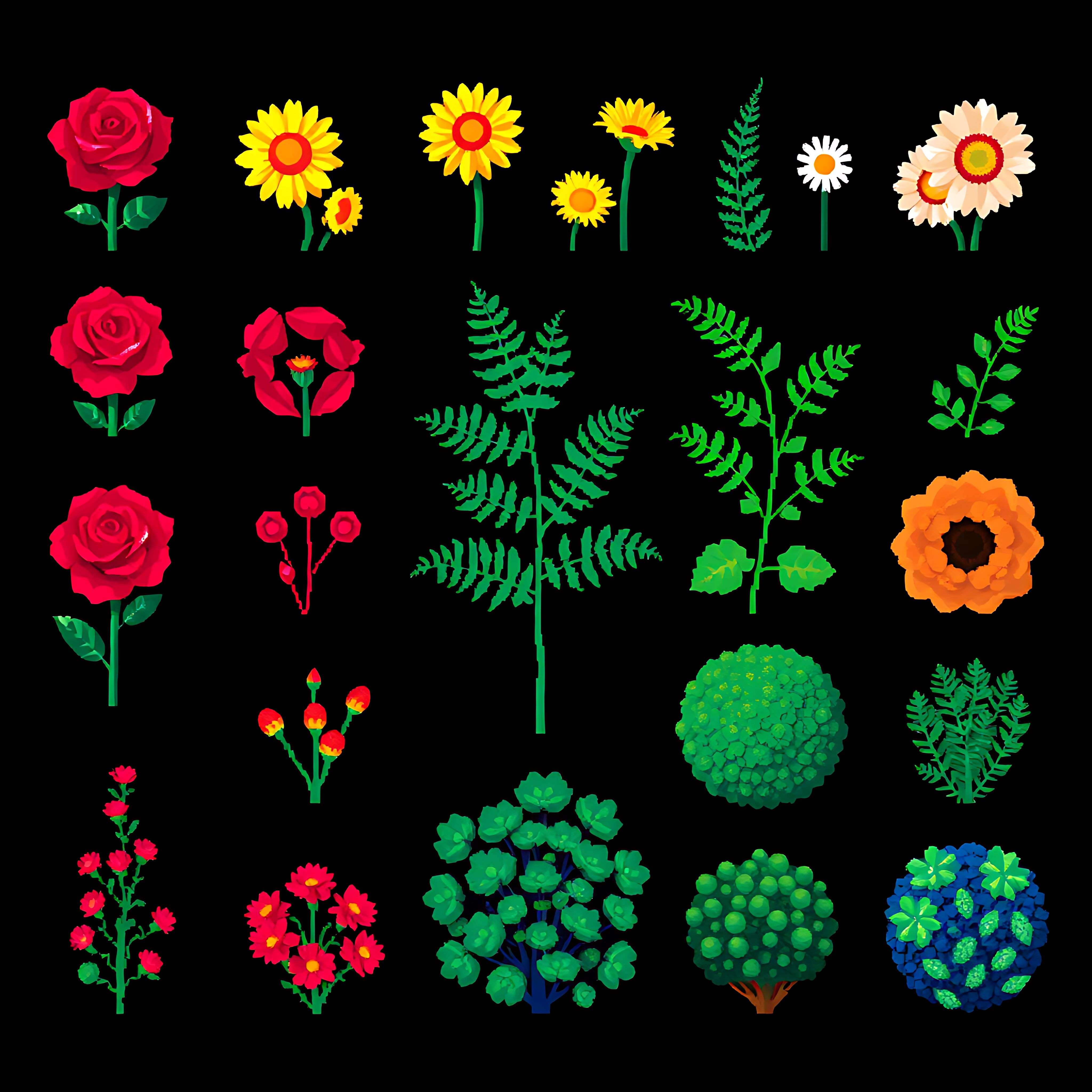 aaroses daisies ferns bushes. ruby red pixel roses with rich petals yellow pixel daisies with bright center 03 756