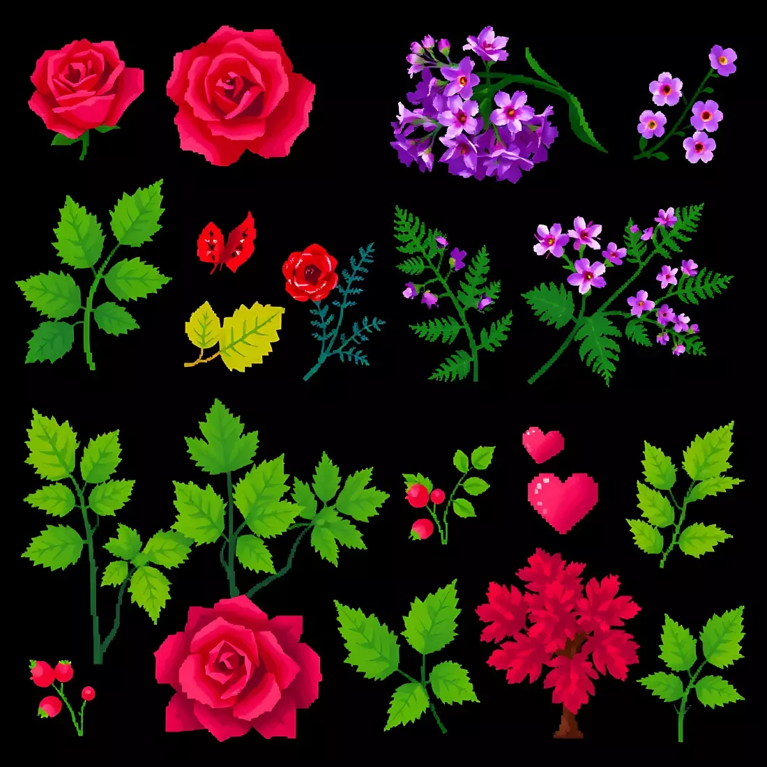 Pixel Flower PNG Bundle – Roses, Camellias, Gardenias & Leaves | 200+ High-Res Elements preview image.