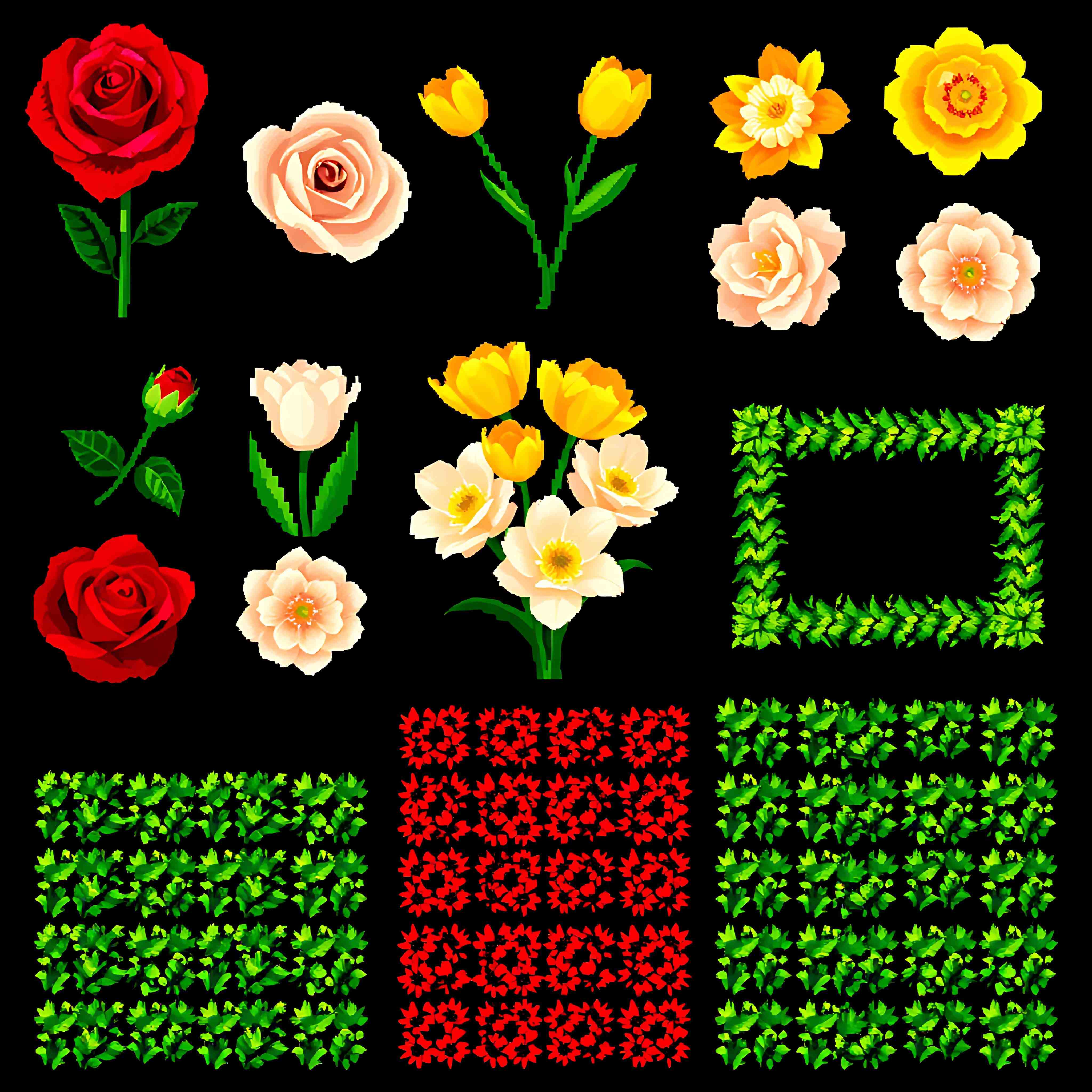 aaroses tulips gardenias hedges. ruby red pixel roses bright yellow pixel tulips pixel gardenias with ivory 04 475