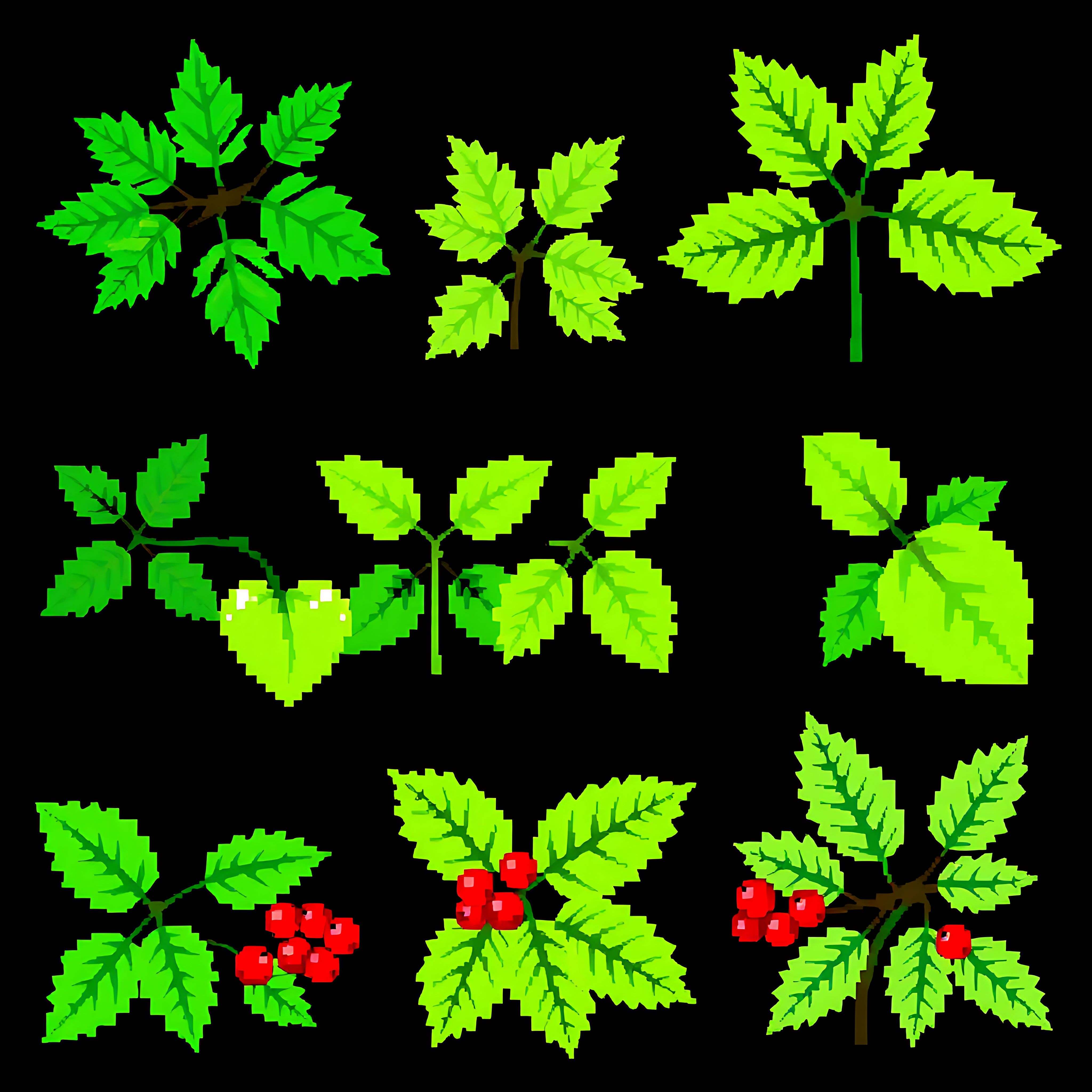 aarowan hickory lime hawthorn. rowan leaves with paired leaflets in pixel clusters and bright green tones h 05 34